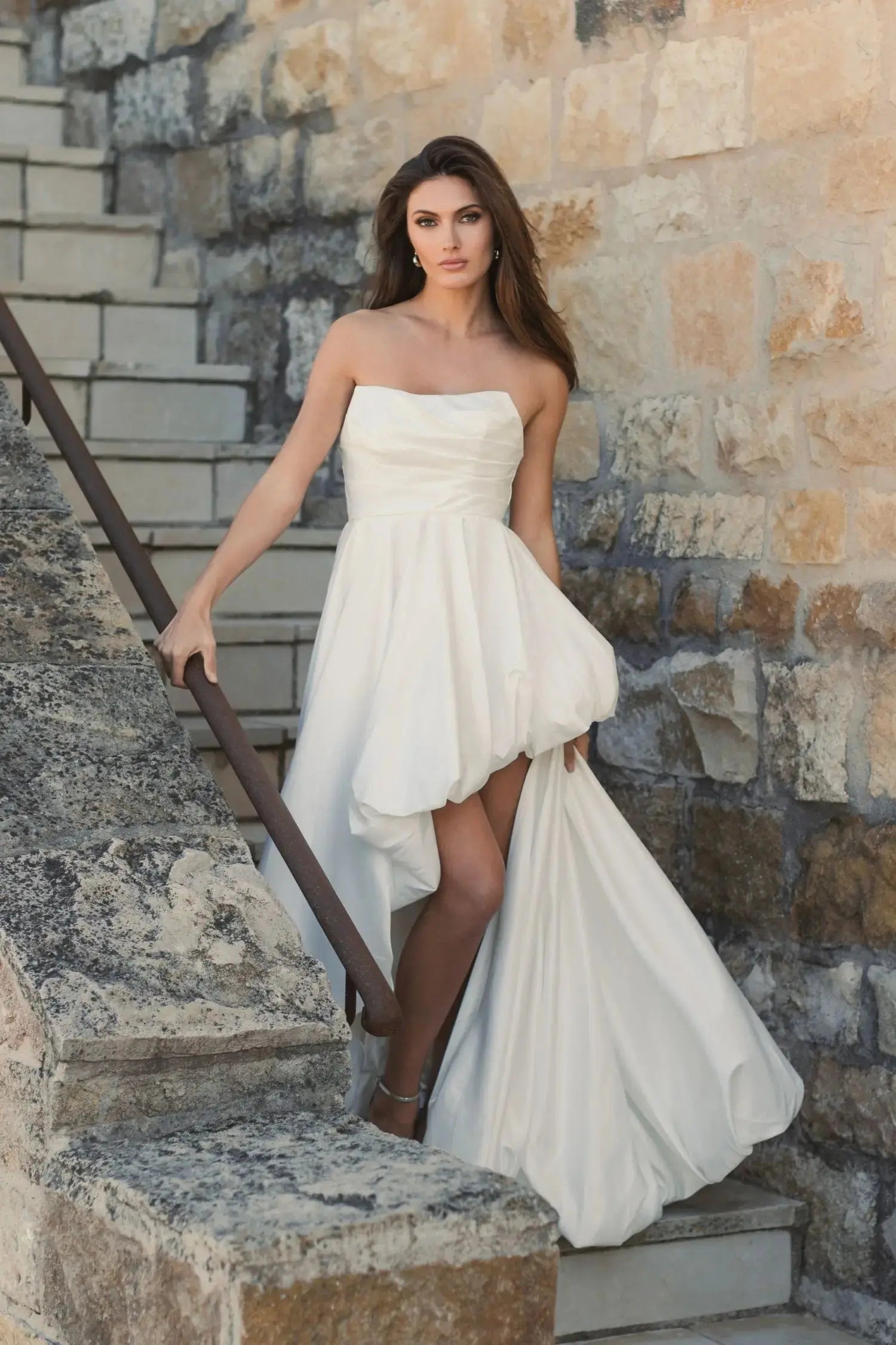 Petite White Strapless Ruched High Low Gown-Myartka