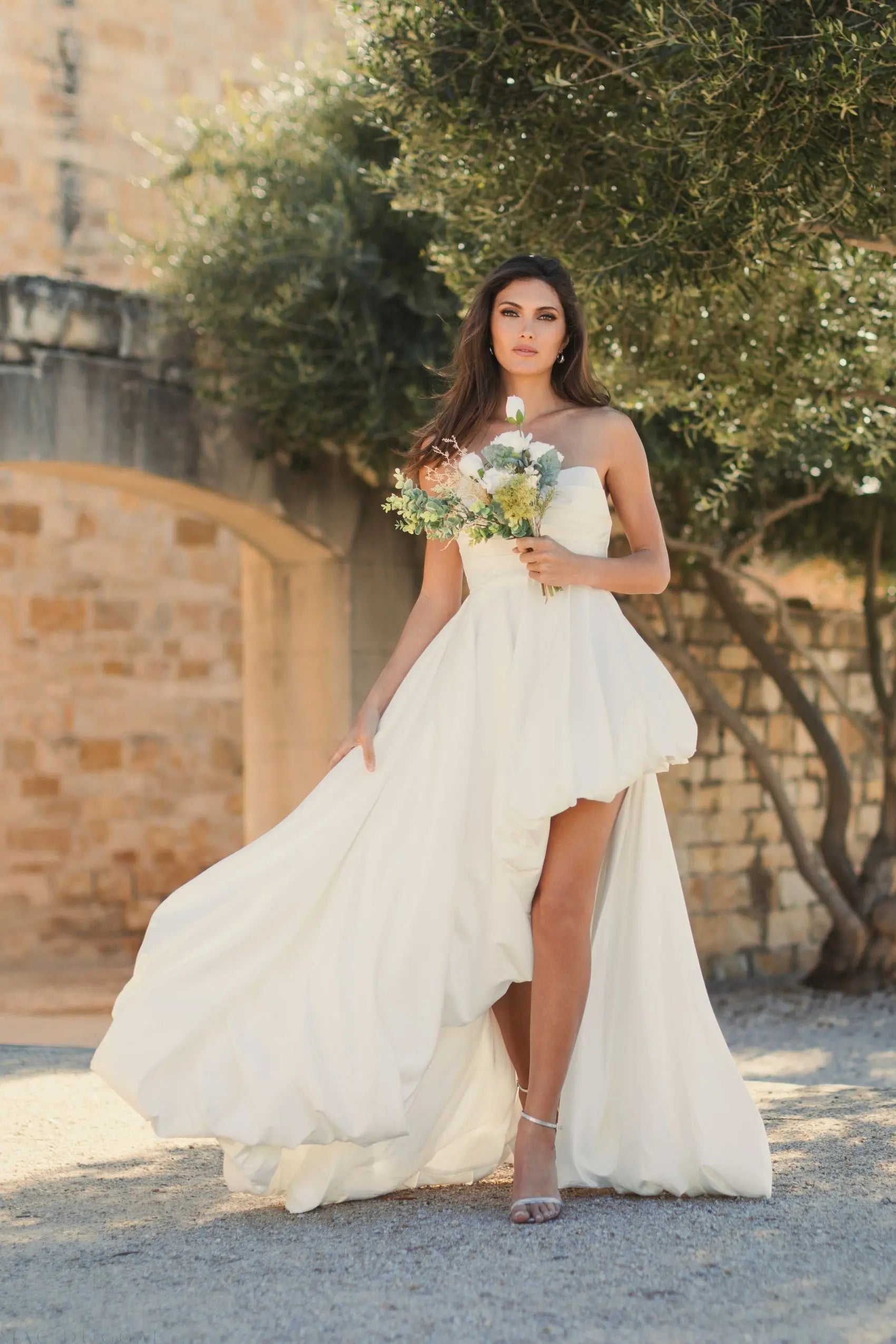 White Strapless Ruched High Low Gown-Myartka