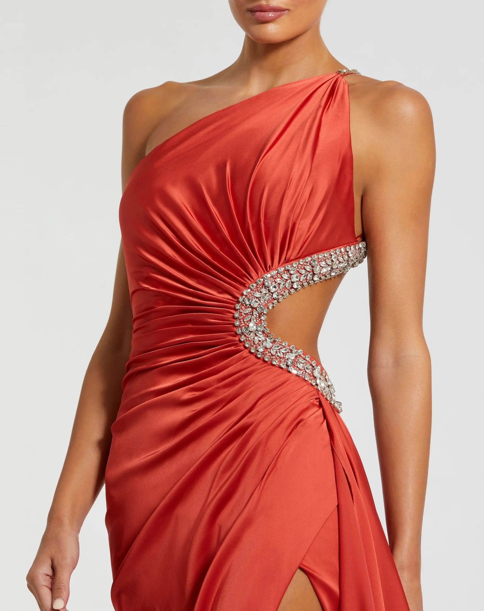 Red Jewel-Embellished Side Cut-Out A-Line Gown-Myartka