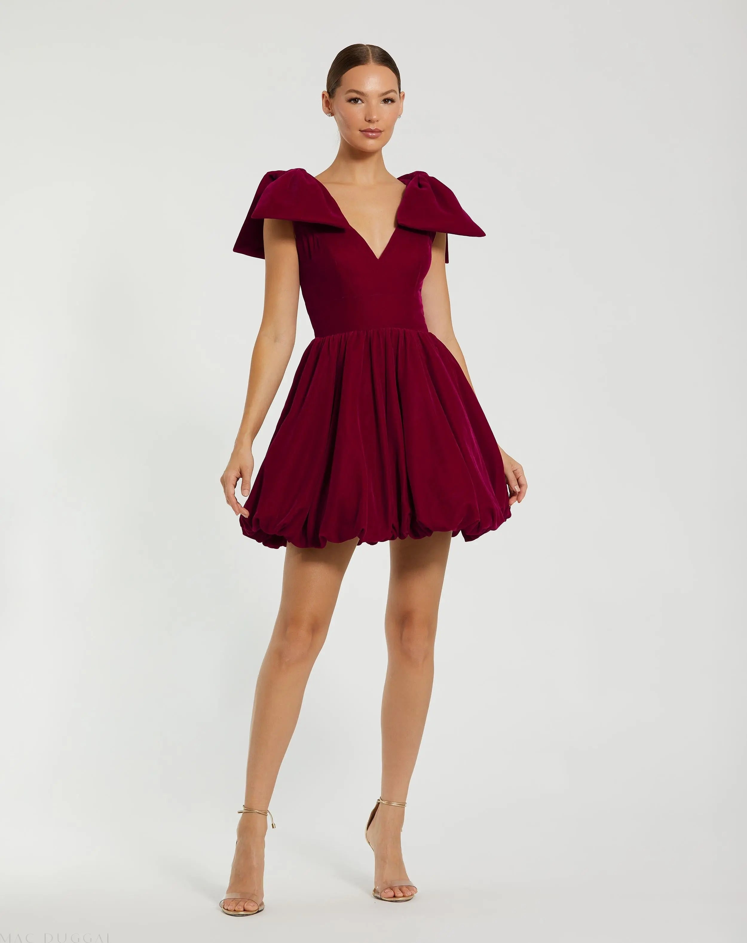 Red Velvet Shoulder Bow Bubble Mini Dress - FINAL SALE-Myartka