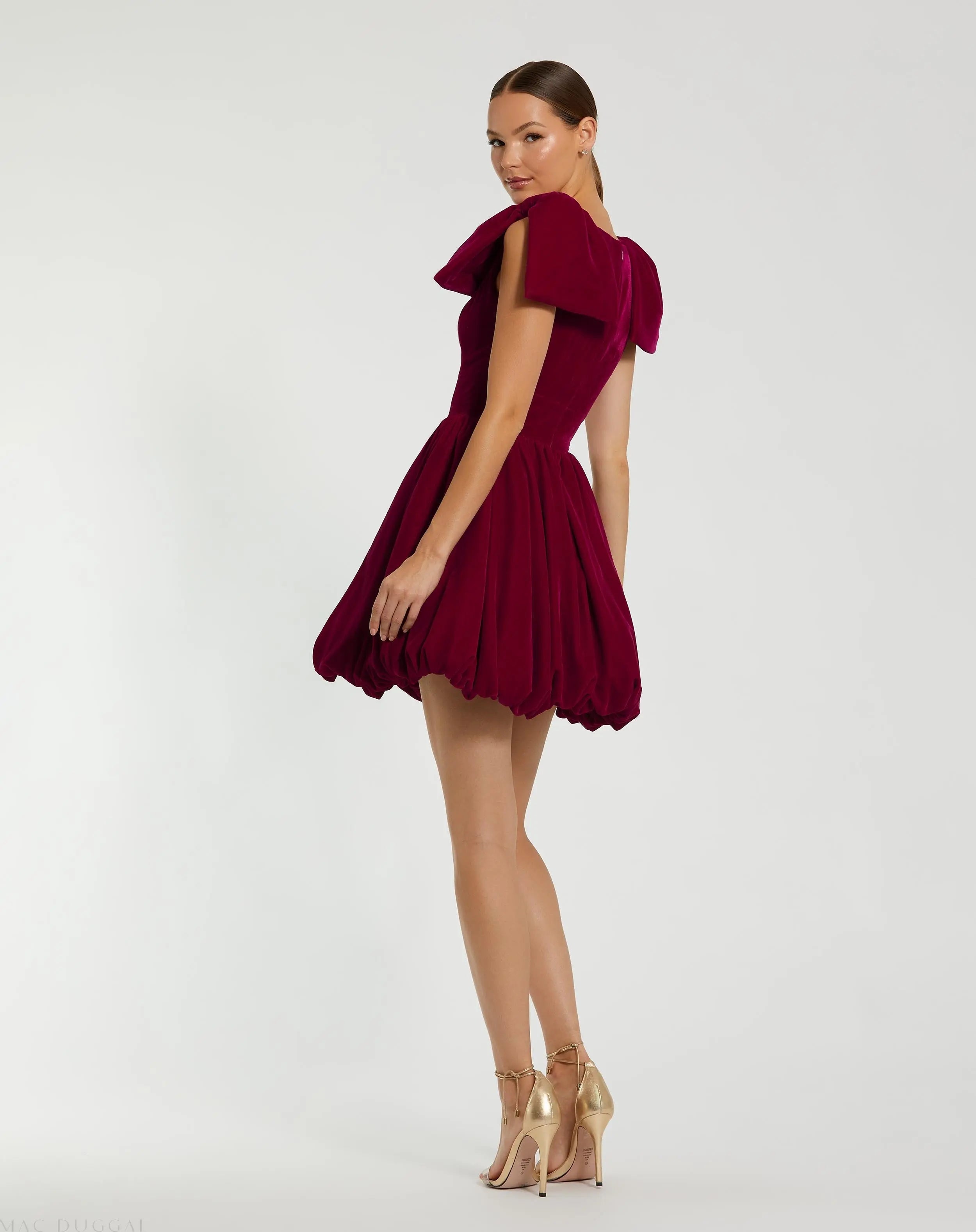 Red Velvet Shoulder Bow Bubble Mini Dress - FINAL SALE-Myartka