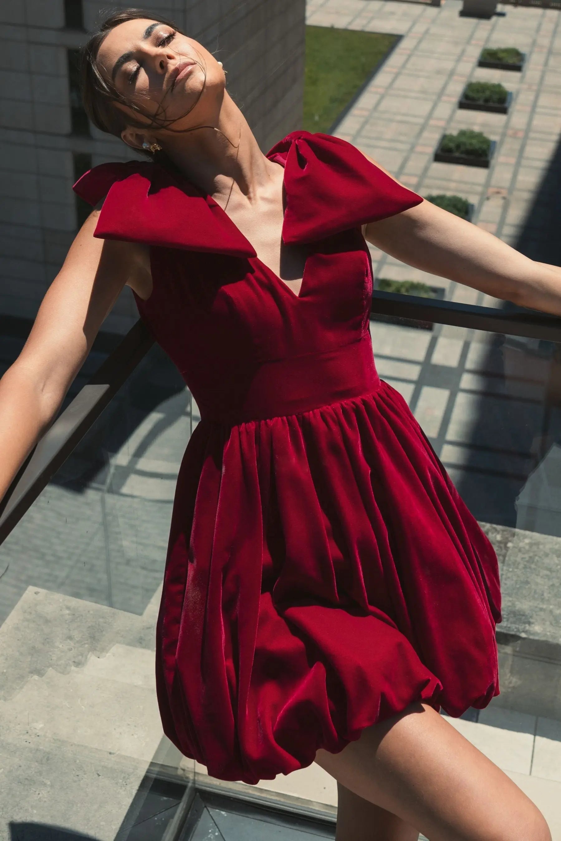 Red Velvet Shoulder Bow Bubble Mini Dress - FINAL SALE-Myartka