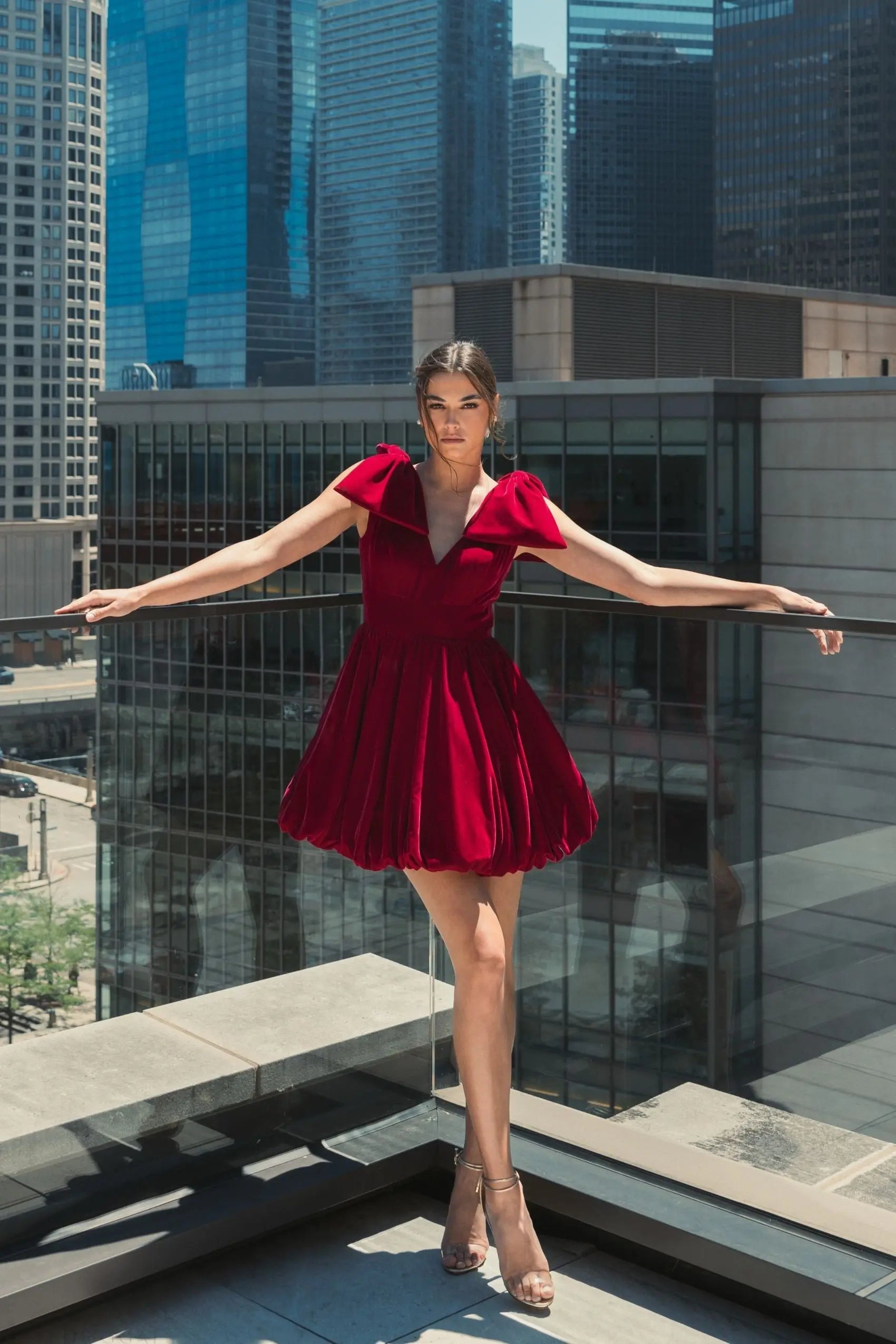 Red Velvet Shoulder Bow Bubble Mini Dress - FINAL SALE-Myartka