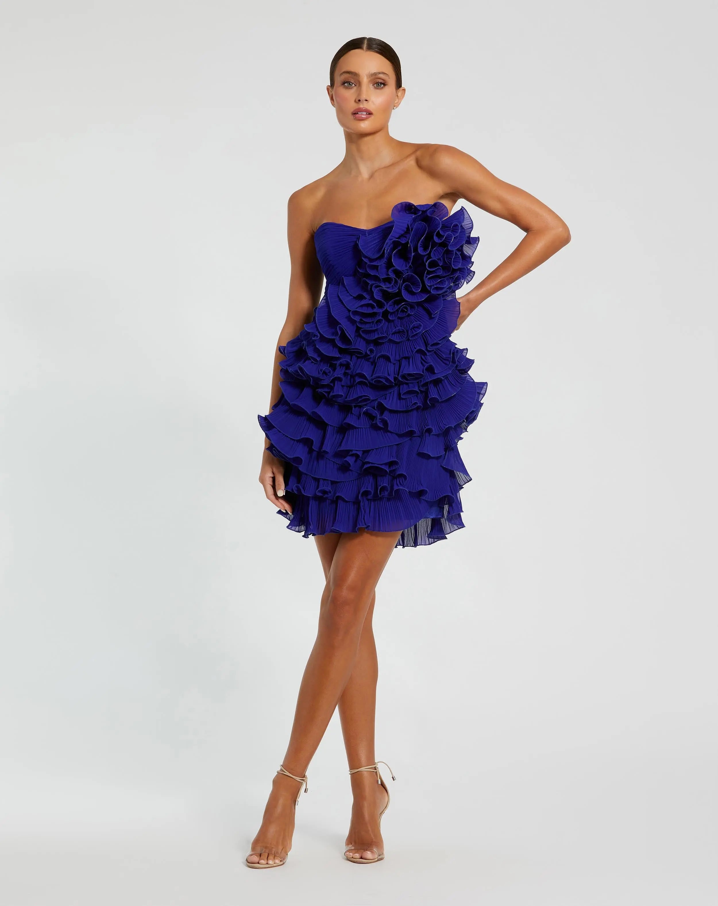 Blue Strapless Tiered Ruffle Mini Dress-Myartka