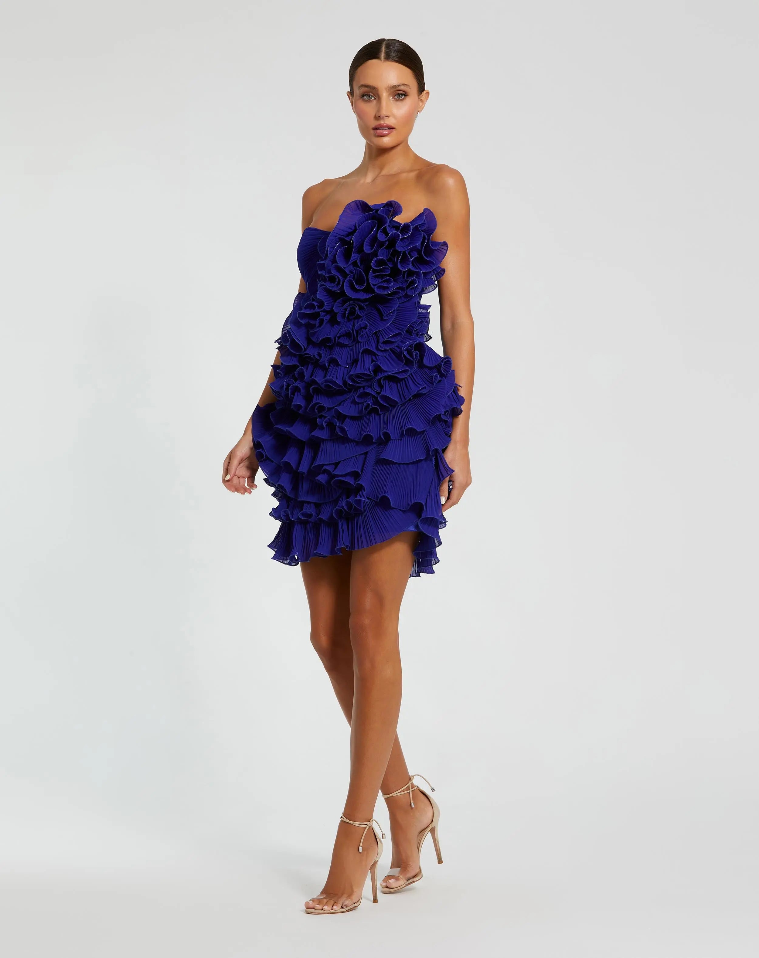 Blue Strapless Tiered Ruffle Mini Dress-Myartka