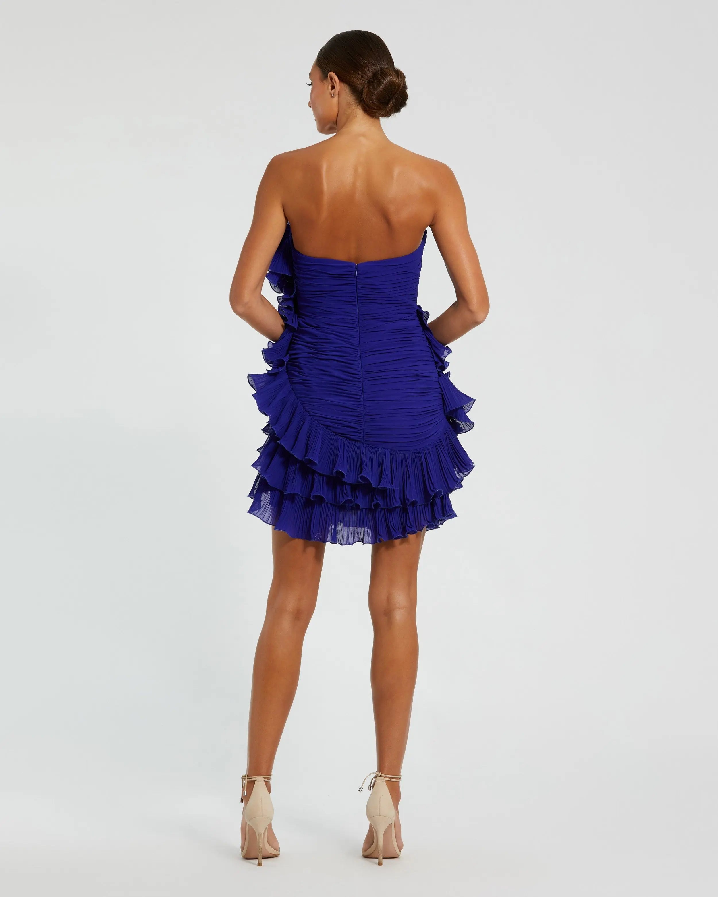 Blue Strapless Tiered Ruffle Mini Dress-Myartka