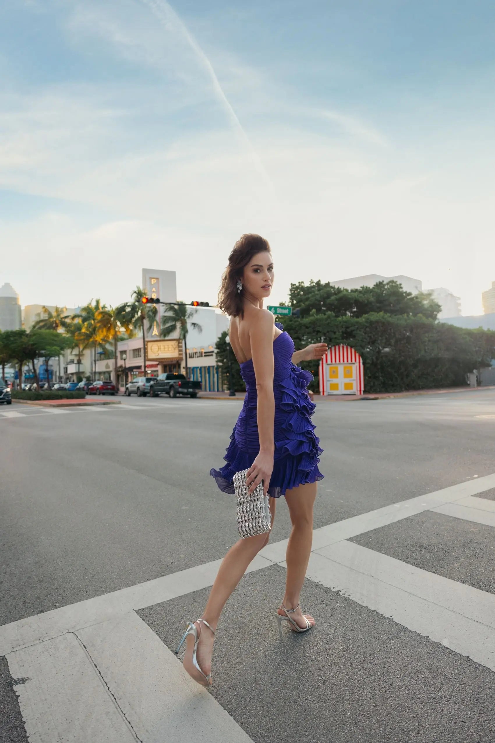 Blue Strapless Tiered Ruffle Mini Dress-Myartka