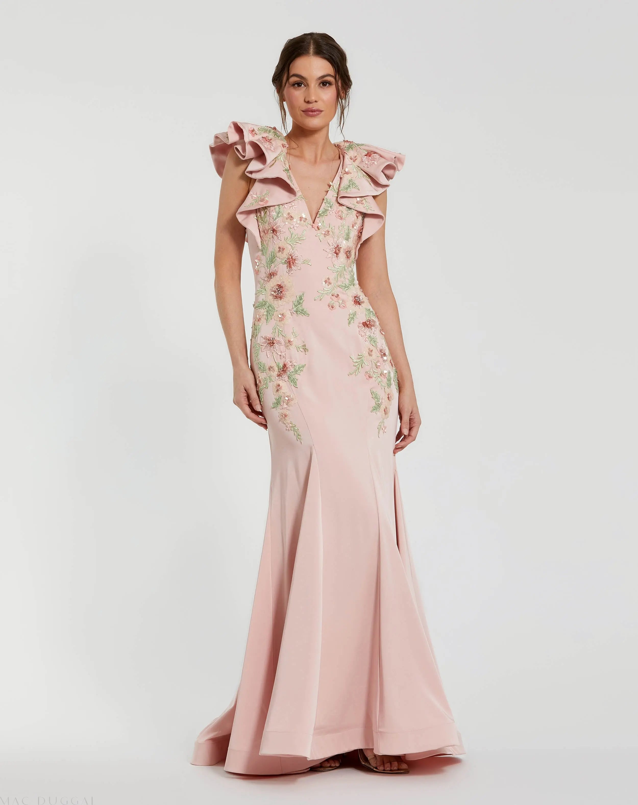 Pink Flutter Sleeve Embellished Mermaid Gown-Myartka