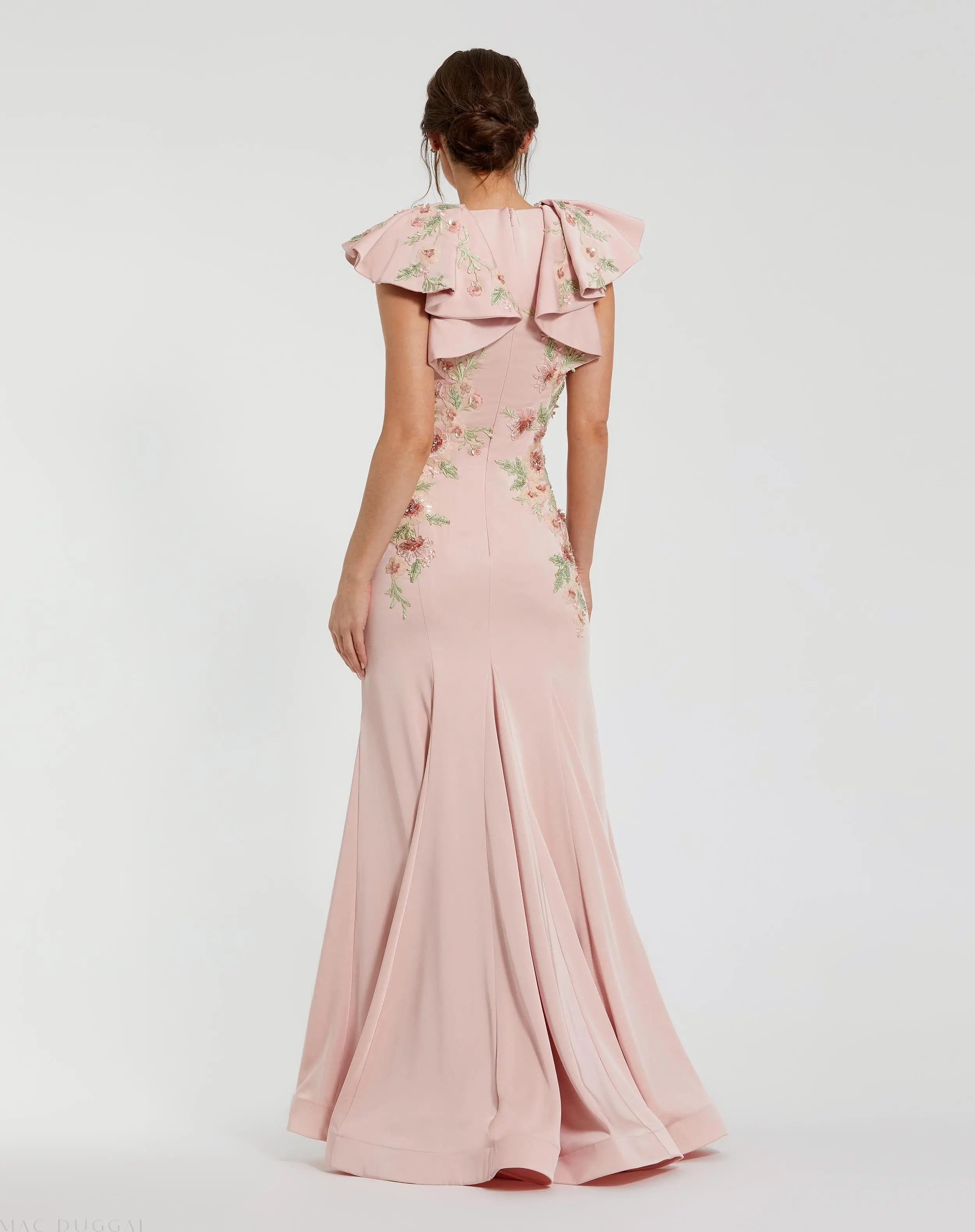 Pink Flutter Sleeve Embellished Mermaid Gown-Myartka