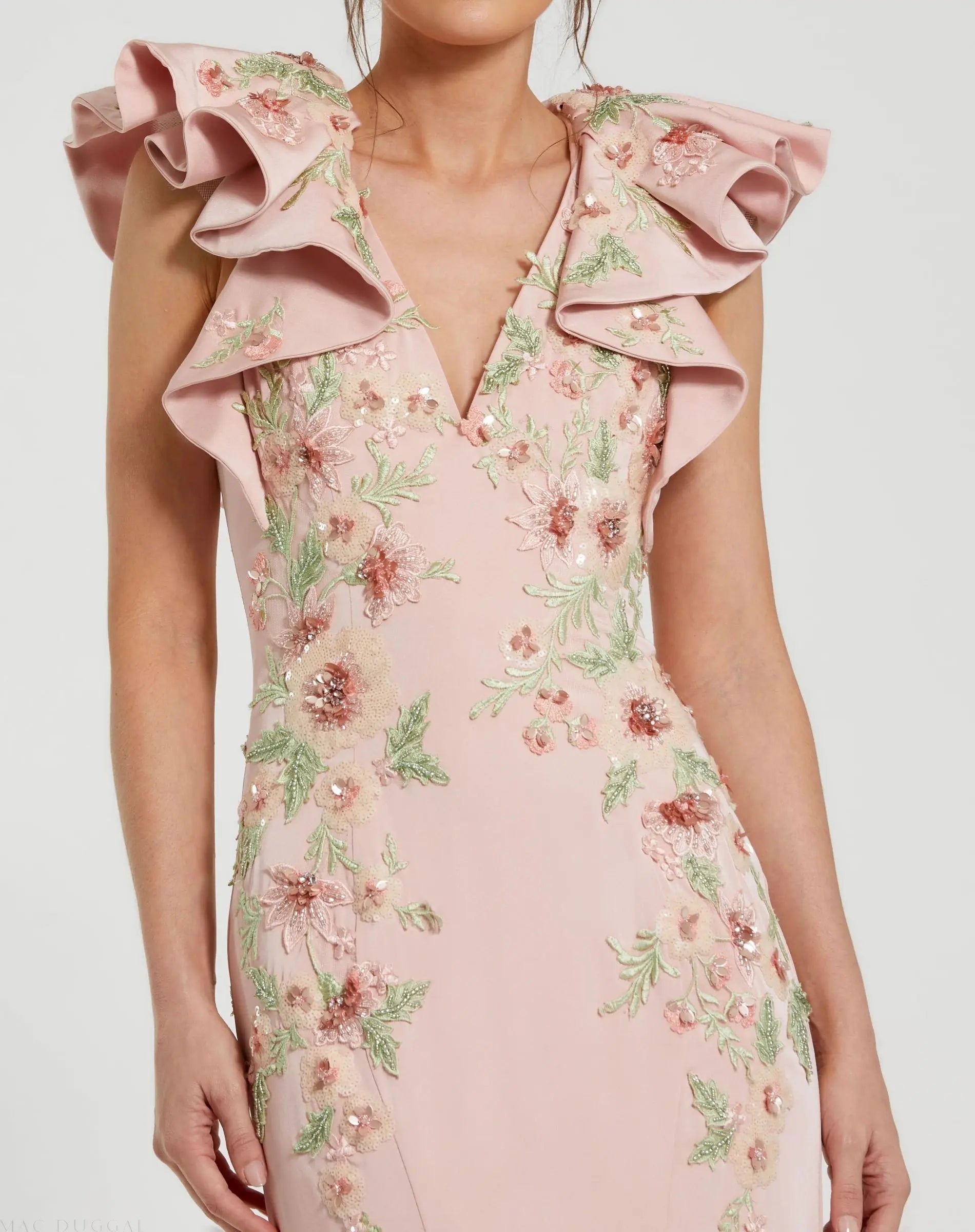 Pink Flutter Sleeve Embellished Mermaid Gown-Myartka