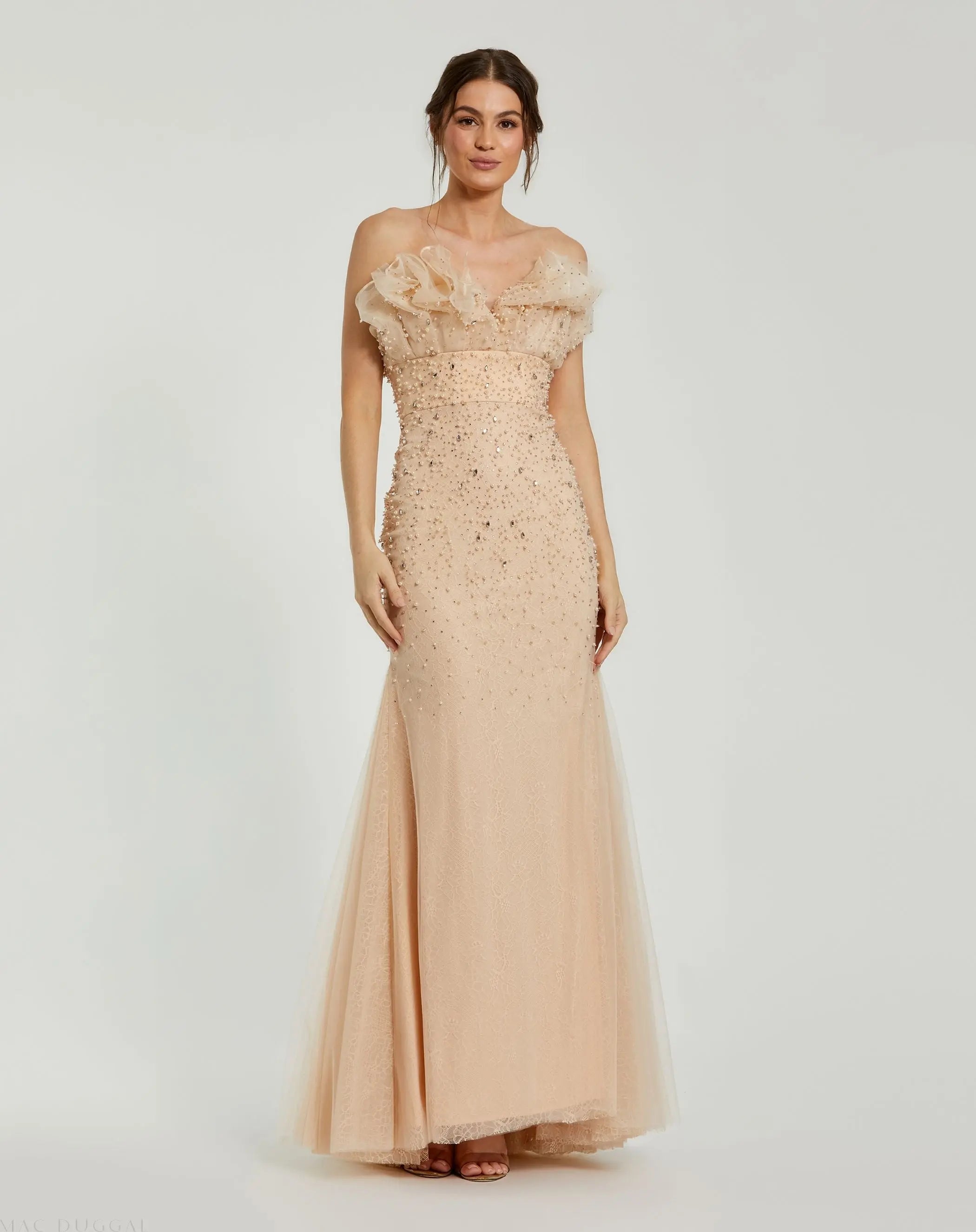 Beige Strapless Embellished Tulle Mermaid Gown-Myartka
