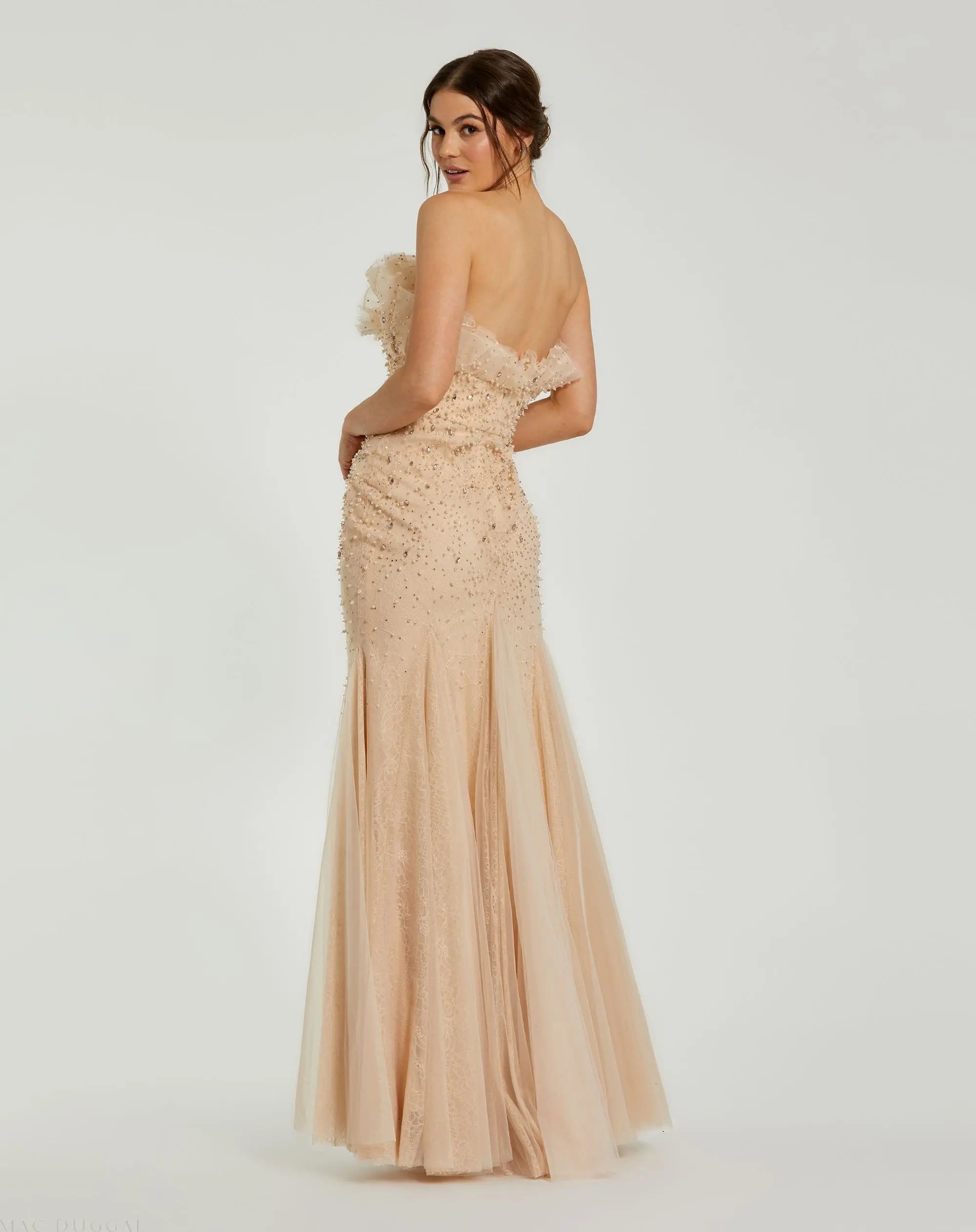 Beige Strapless Embellished Tulle Mermaid Gown-Myartka