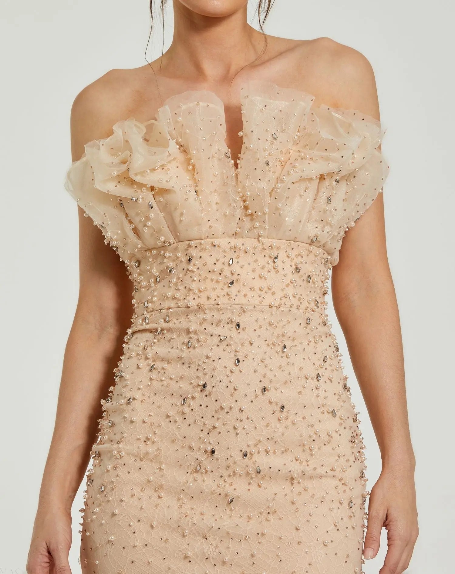 Beige Strapless Embellished Tulle Mermaid Gown-Myartka