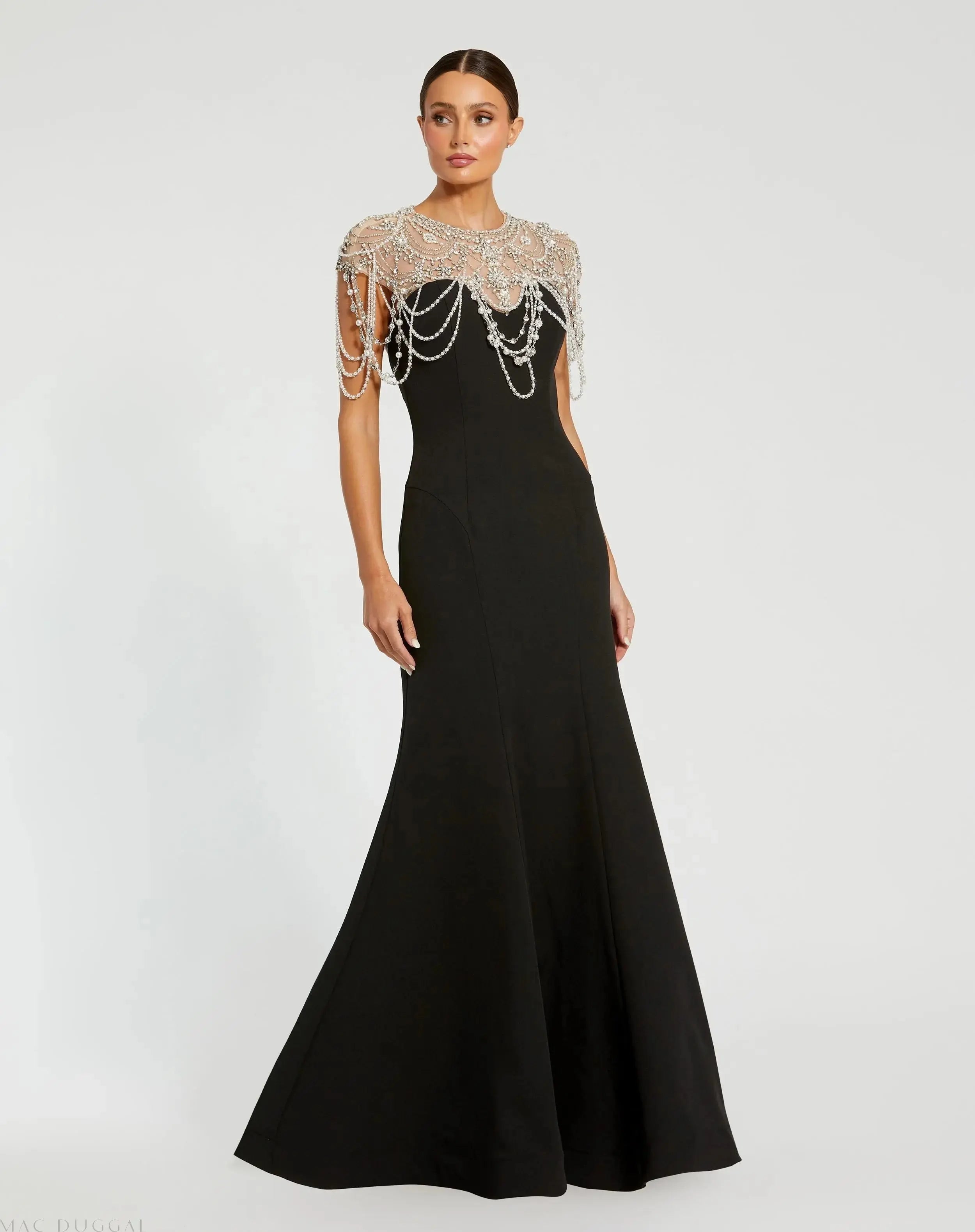 Black Draped Pearl Beaded Mermaid Gown-Myartka