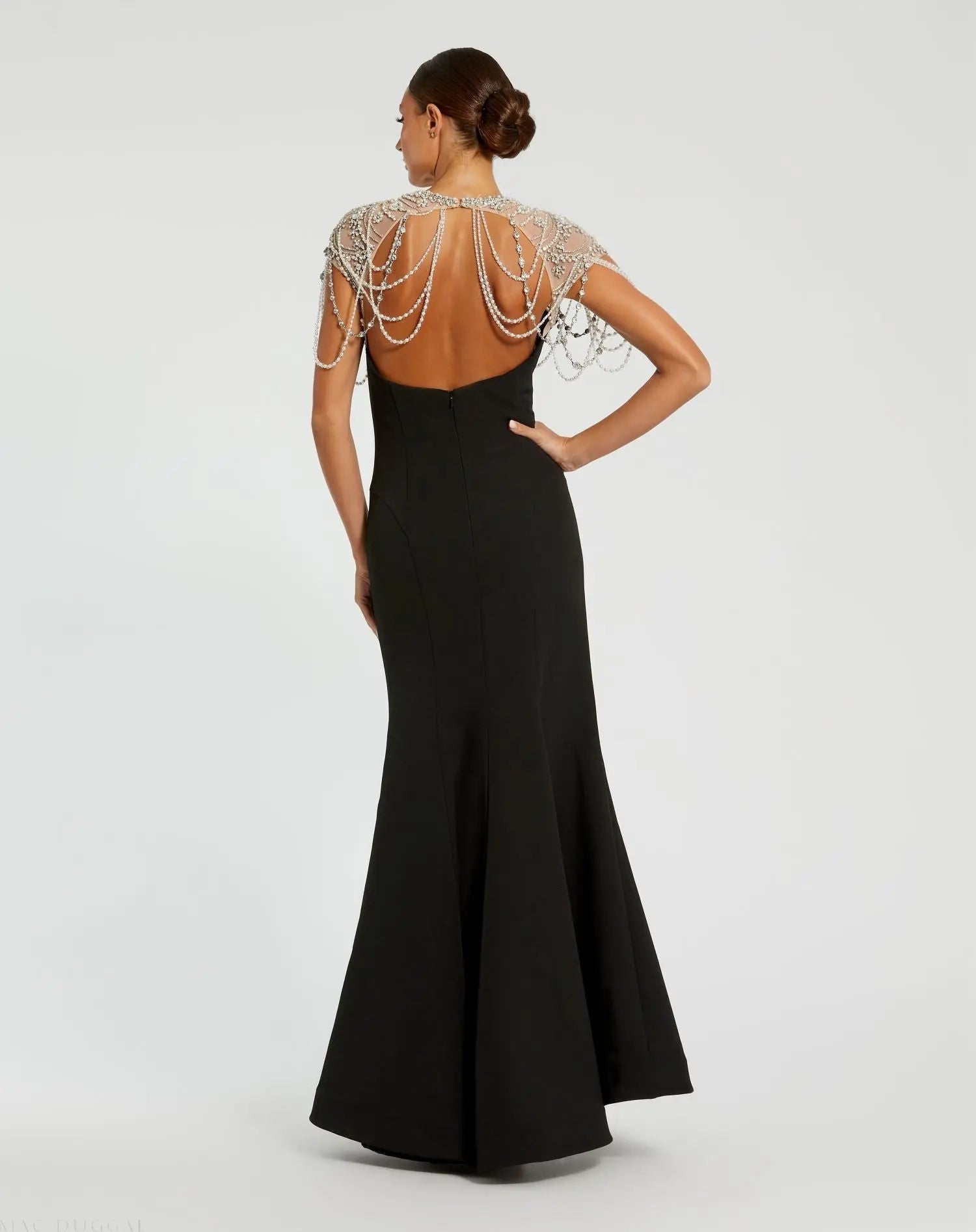 Black Draped Pearl Beaded Mermaid Gown-Myartka