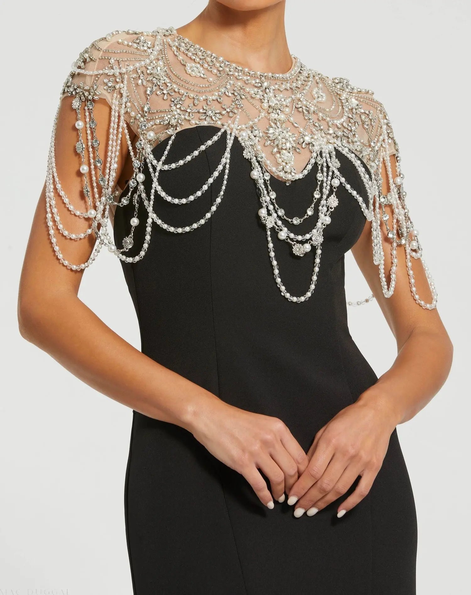 Black Draped Pearl Beaded Mermaid Gown-Myartka