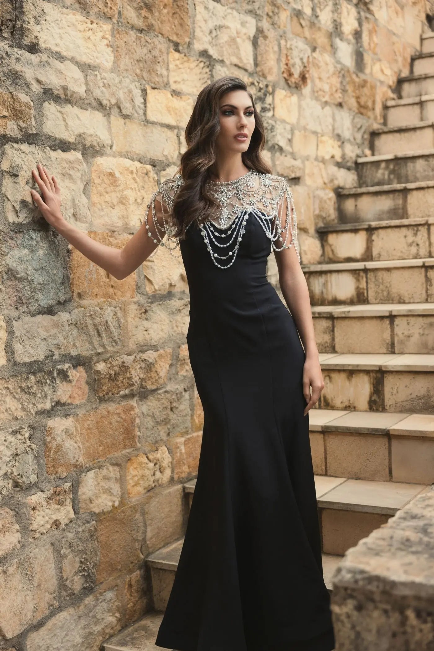 Black Draped Pearl Beaded Mermaid Gown-Myartka