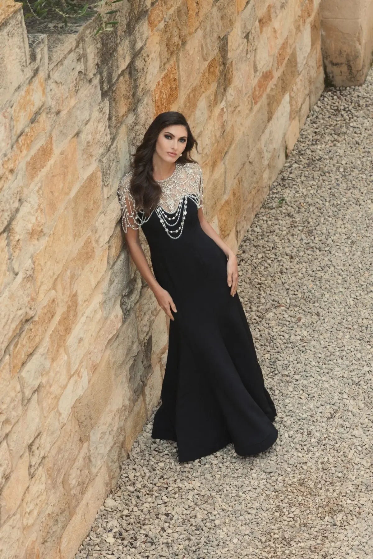 Black Draped Pearl Beaded Mermaid Gown-Myartka