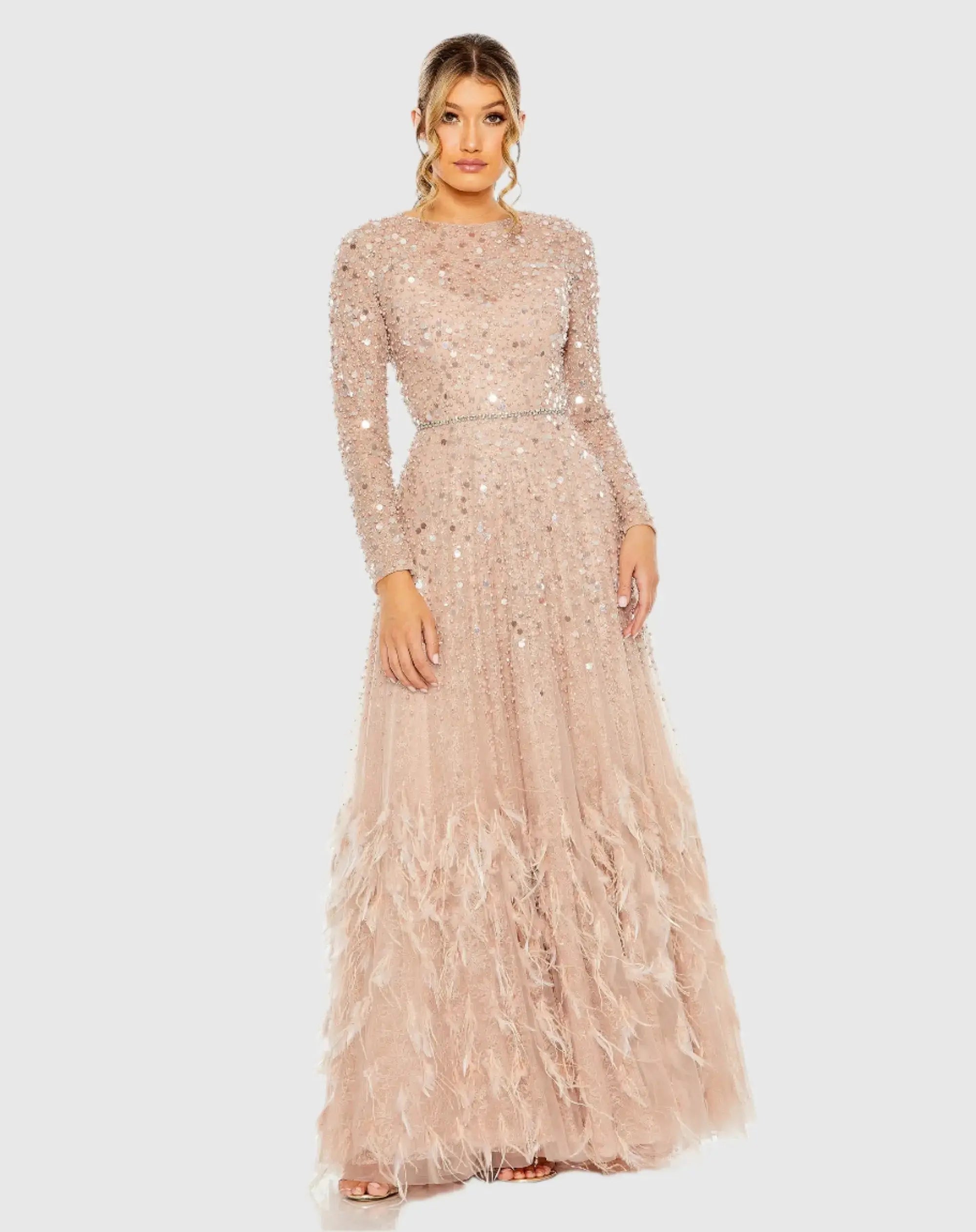 Disc Embellished Sequin Gown with Feather Detail-Myartka