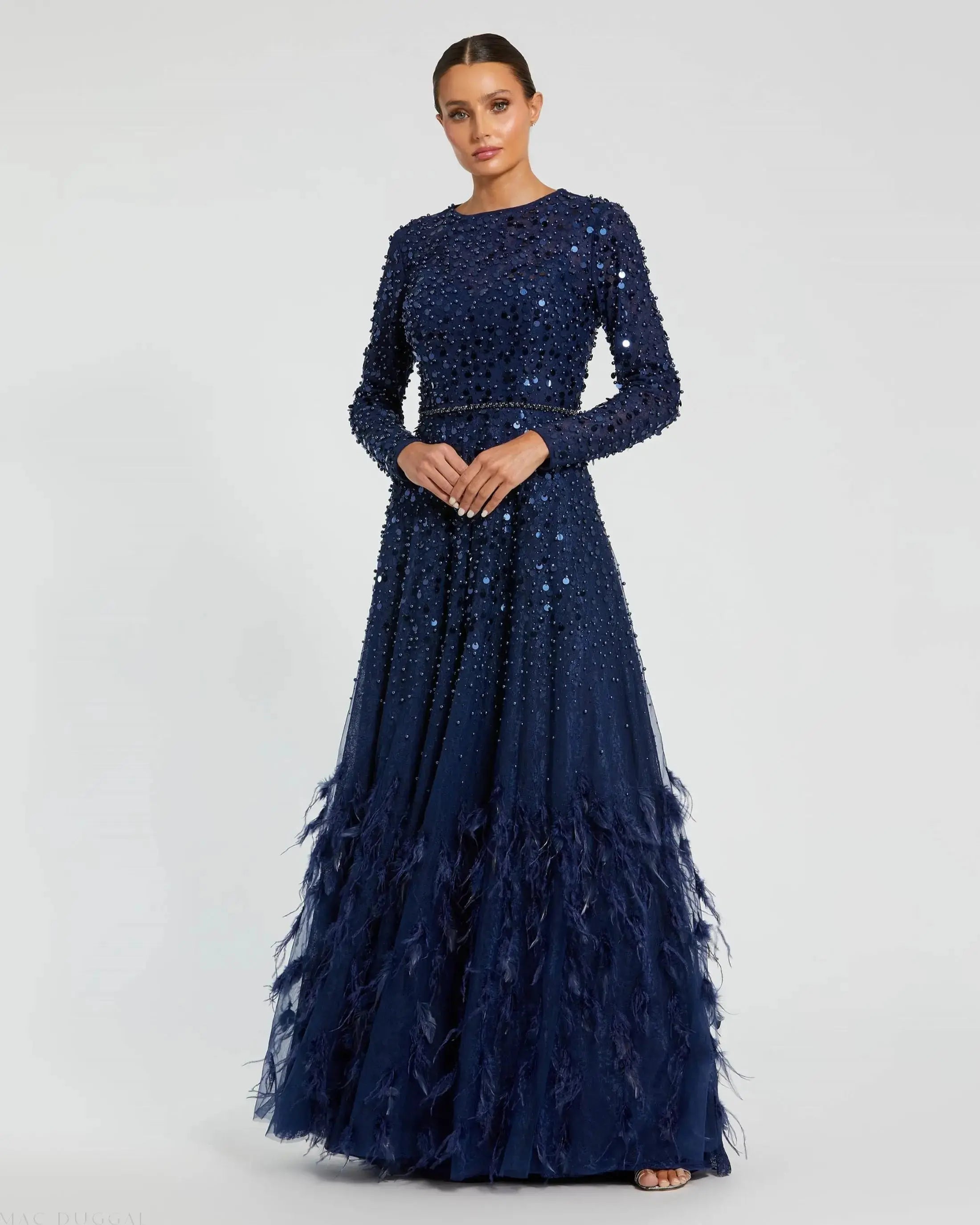 Navy Disc Embellished Sequin Gown with Feather Detail-Myartka