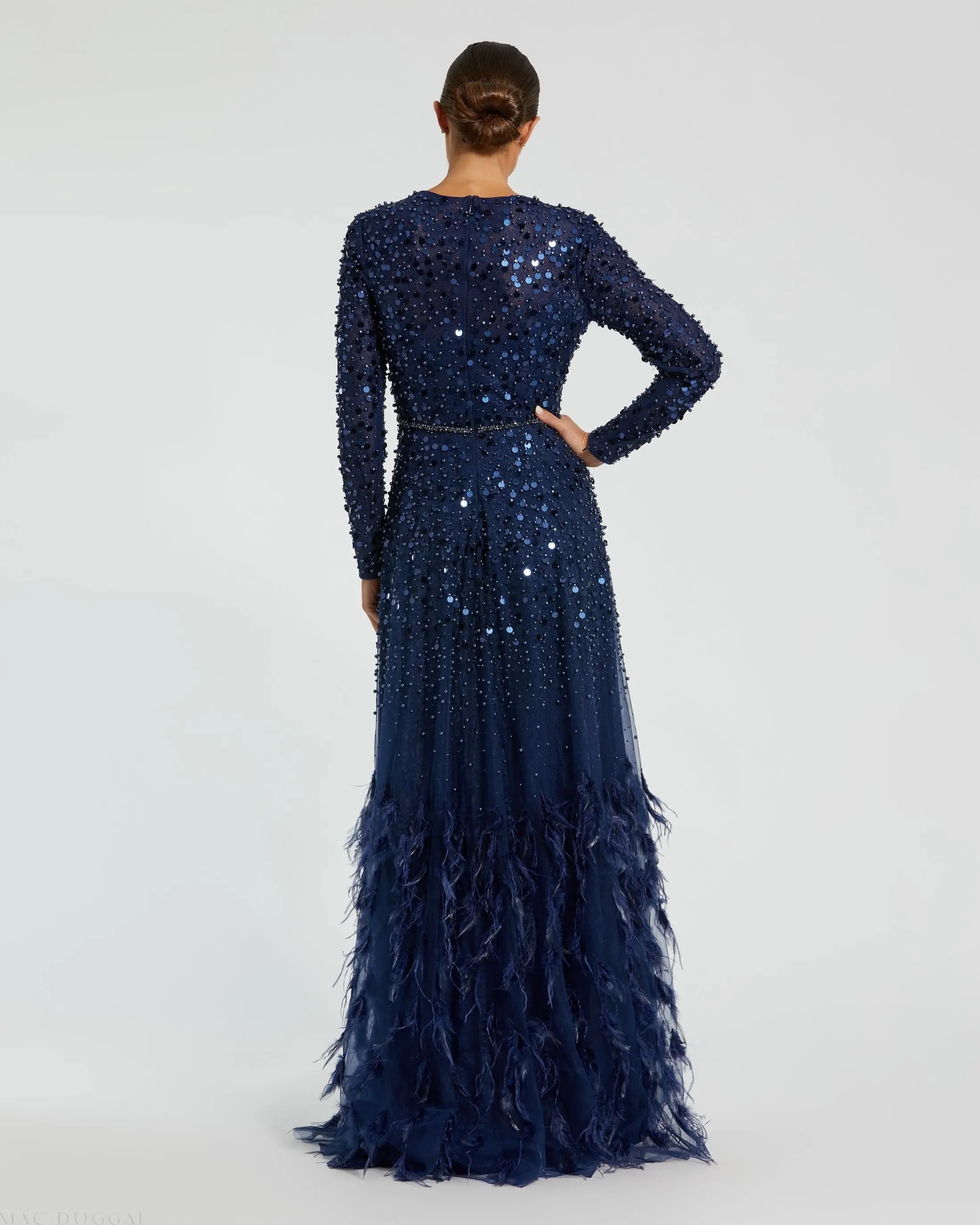 Navy Disc Embellished Sequin Gown with Feather Detail-Myartka