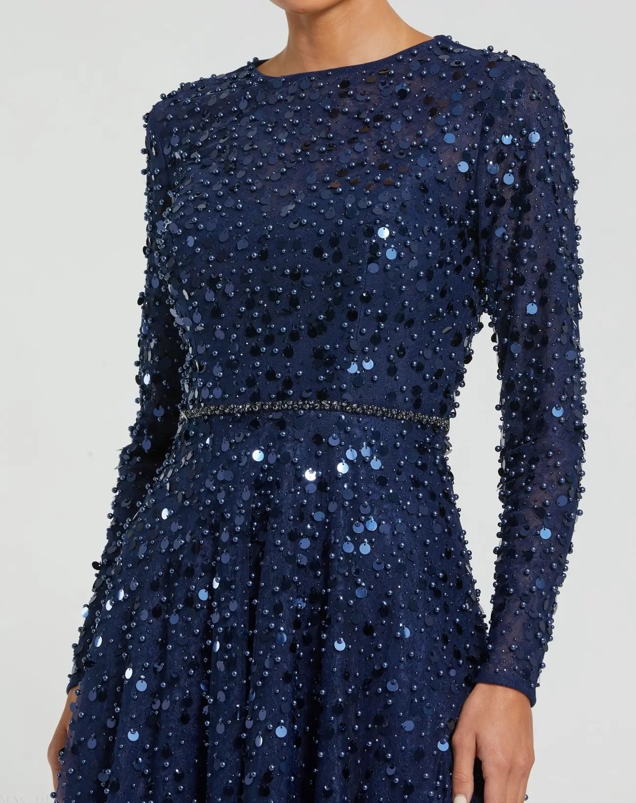 Navy Disc Embellished Sequin Gown with Feather Detail-Myartka