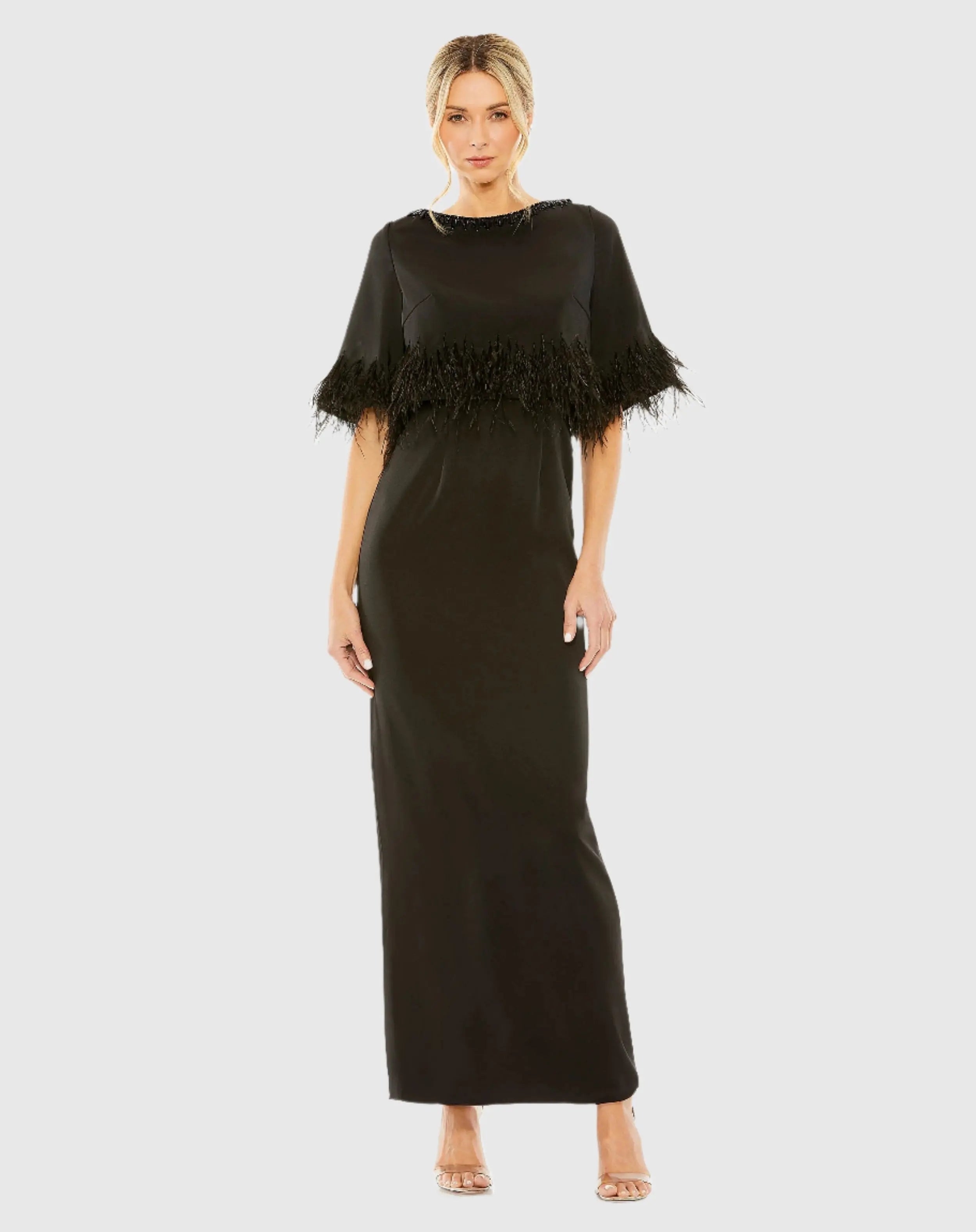 Black Short Sleeve Feather Detail Crystal Neckline Dress-Myartka