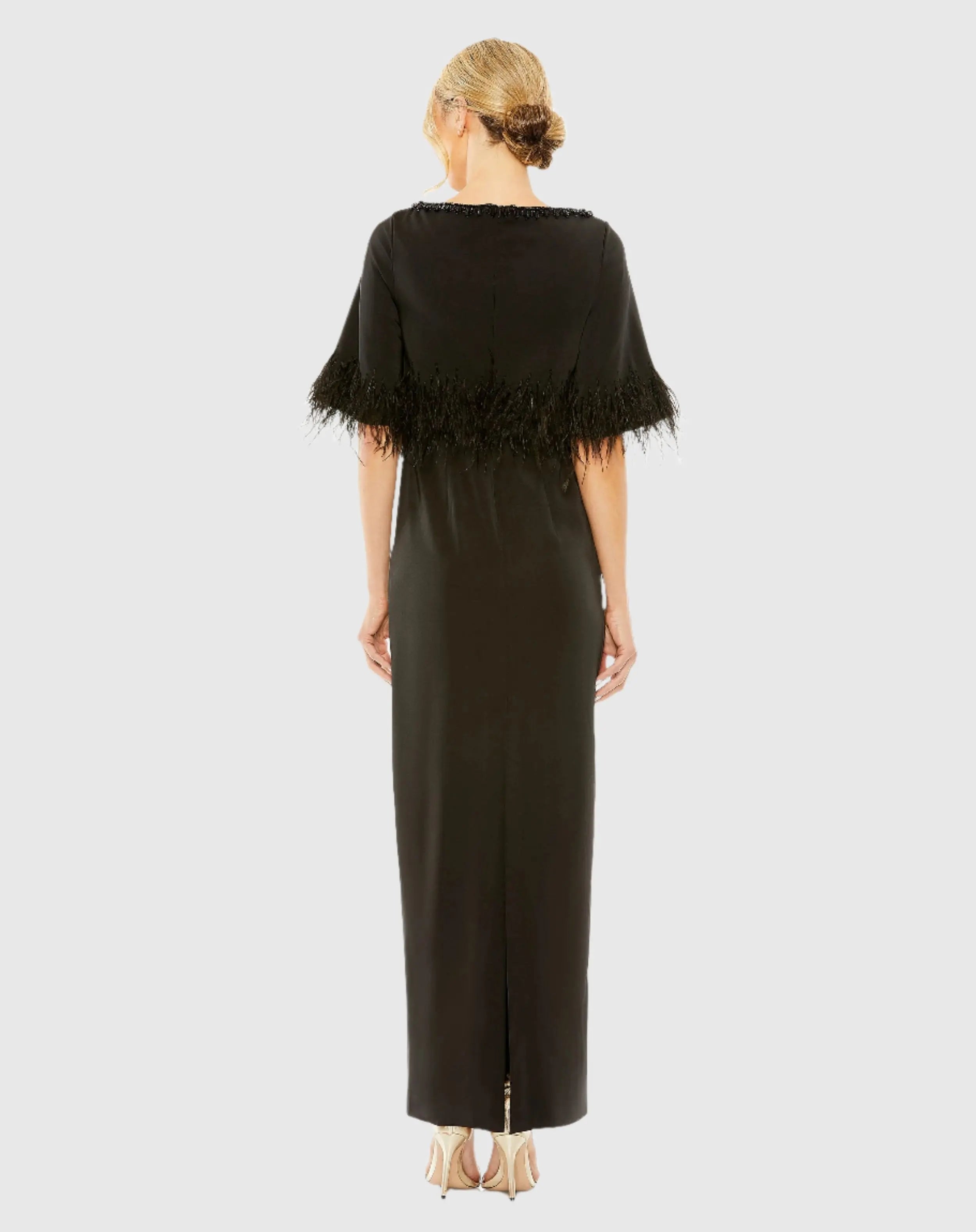 Black Short Sleeve Feather Detail Crystal Neckline Dress-Myartka
