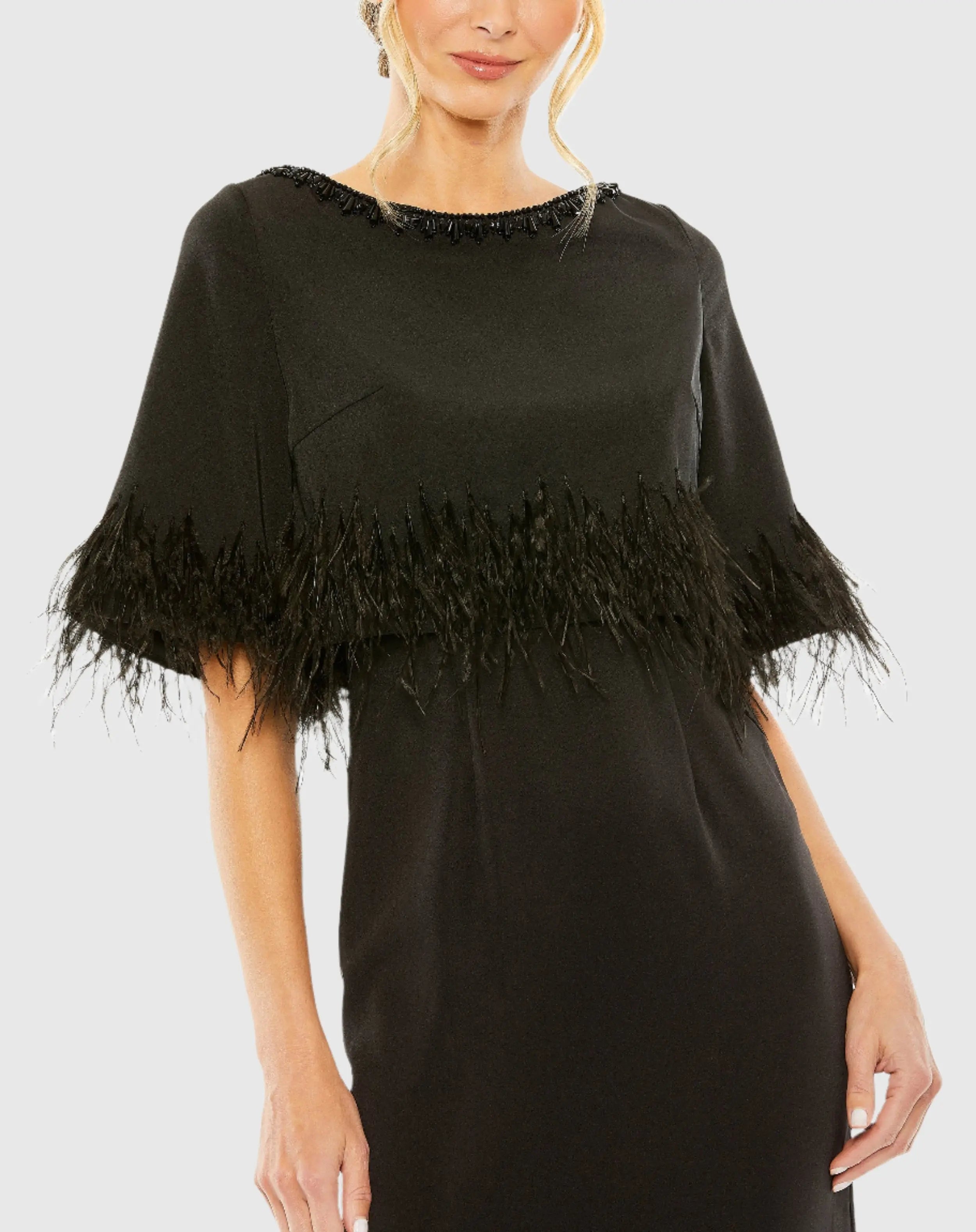 Black Short Sleeve Feather Detail Crystal Neckline Dress-Myartka
