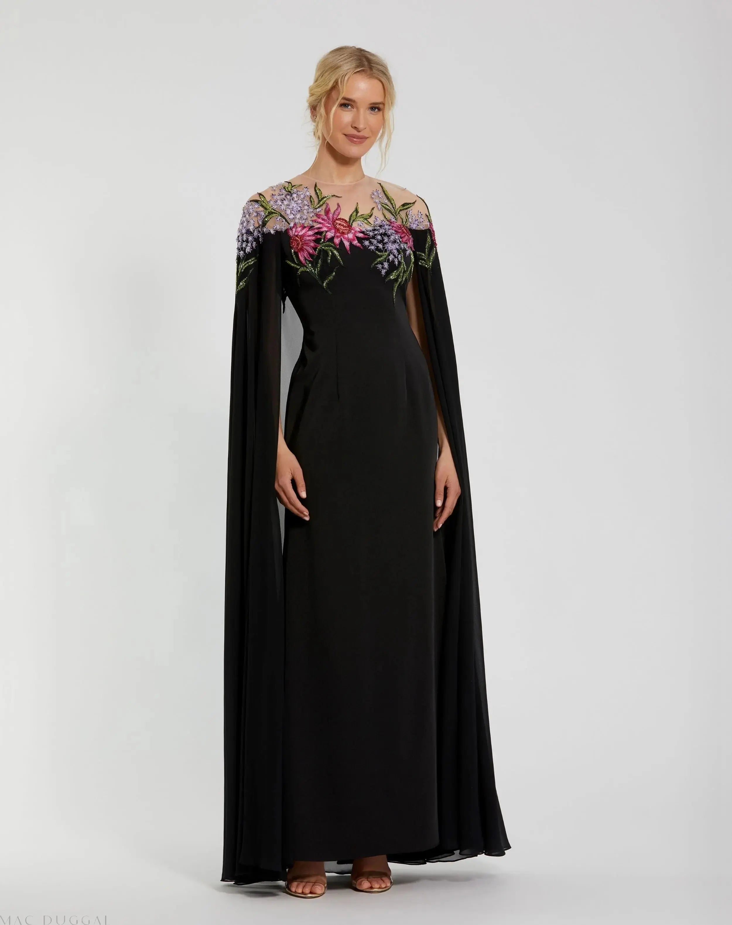 Black Sheer Cape Gown with Beaded Embroidery-Myartka