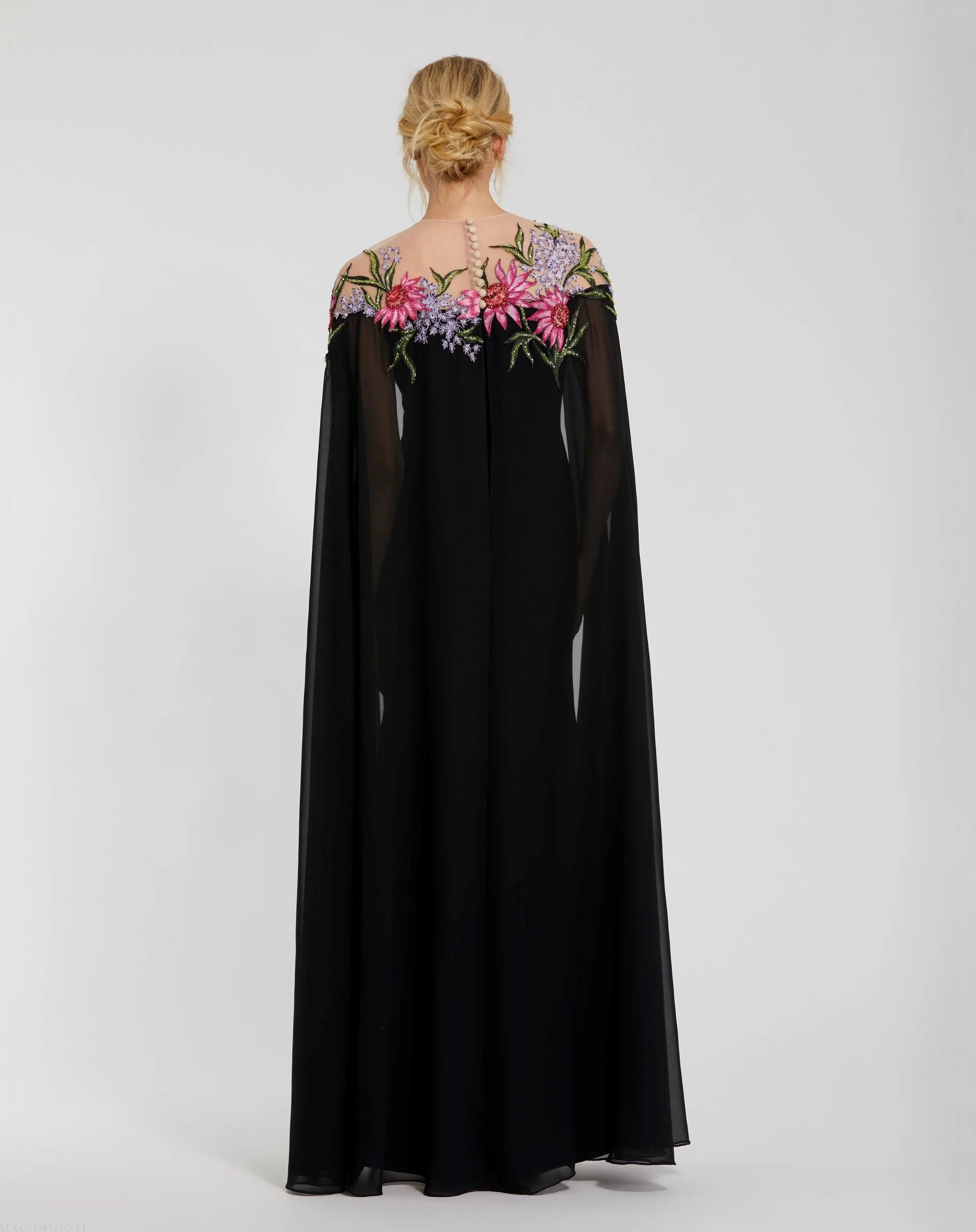 Black Sheer Cape Gown with Beaded Embroidery-Myartka