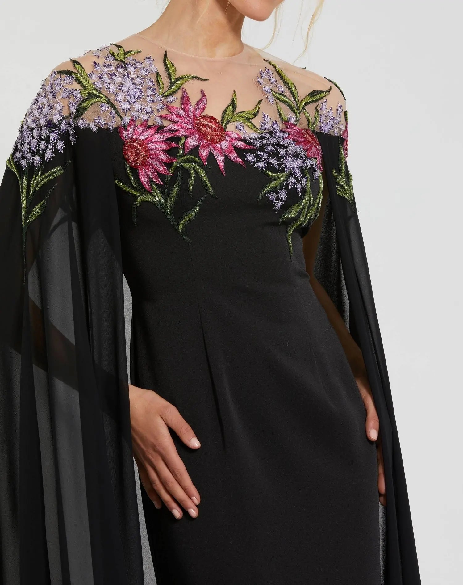 Black Sheer Cape Gown with Beaded Embroidery-Myartka