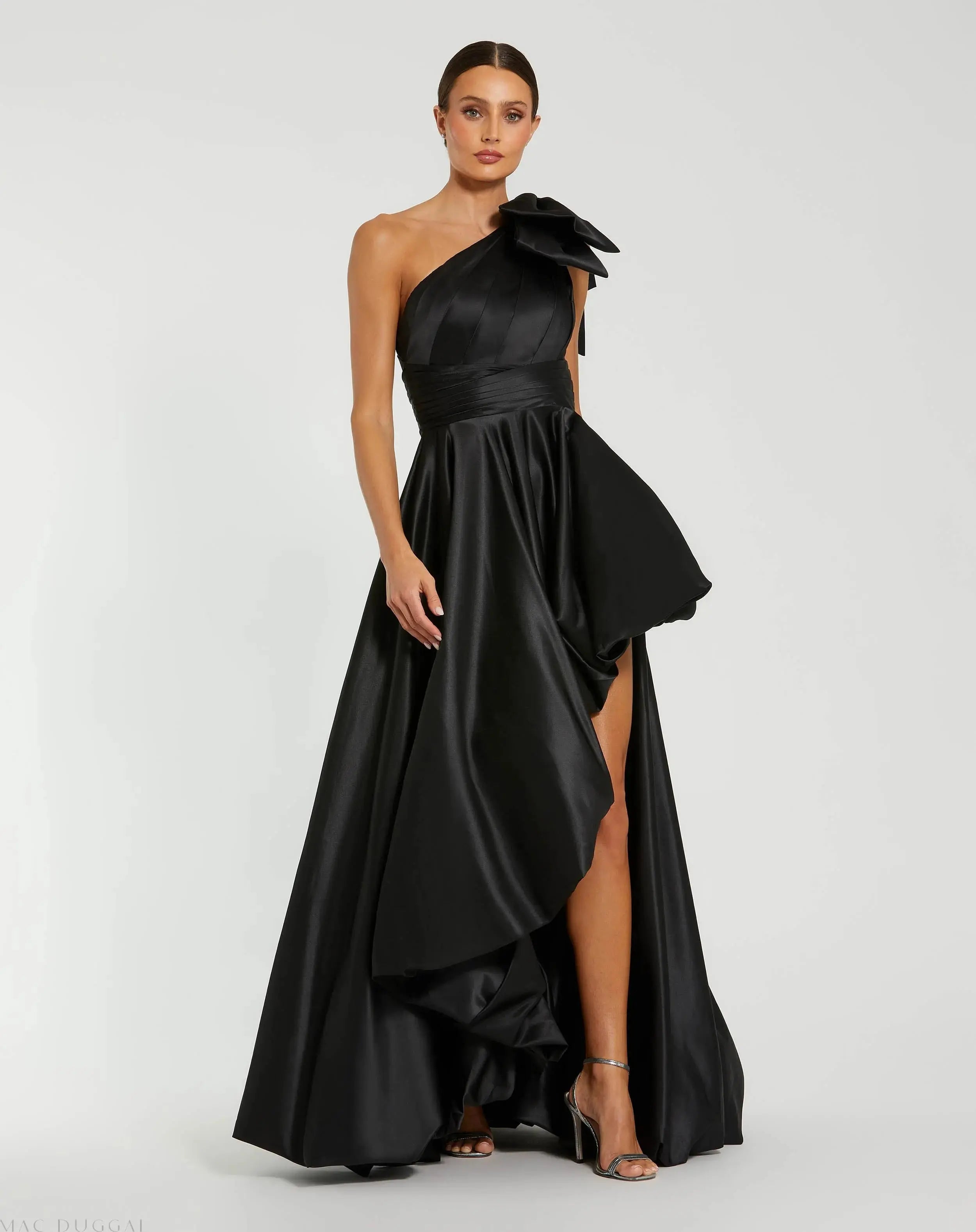 Satin One Shoulder Bow Gown-Myartka