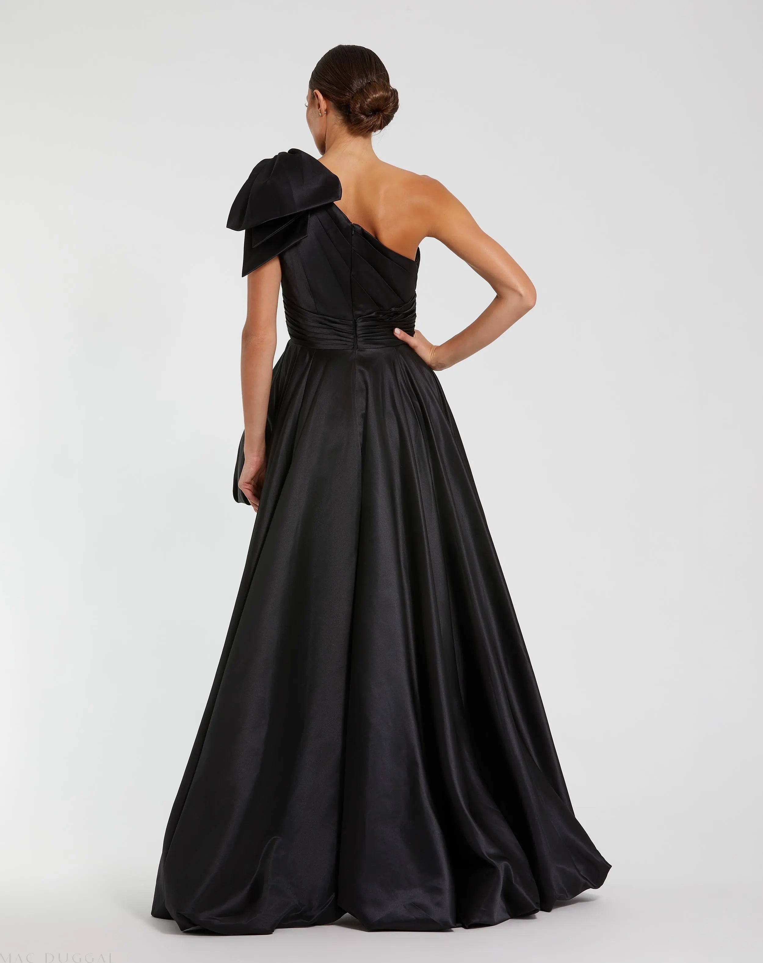 Black Satin One Shoulder Bow Gown-Myartka
