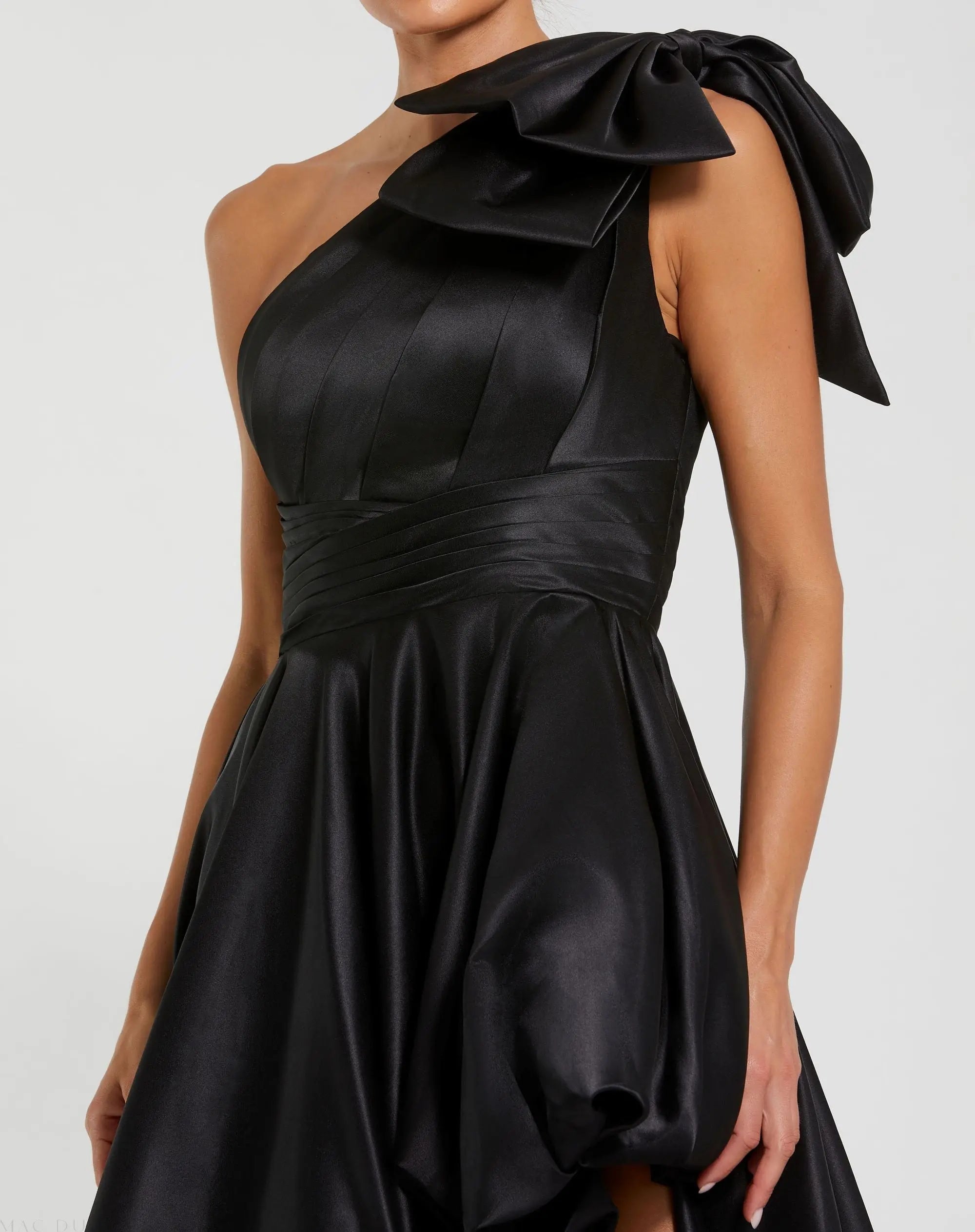 Black Satin One Shoulder Bow Gown-Myartka