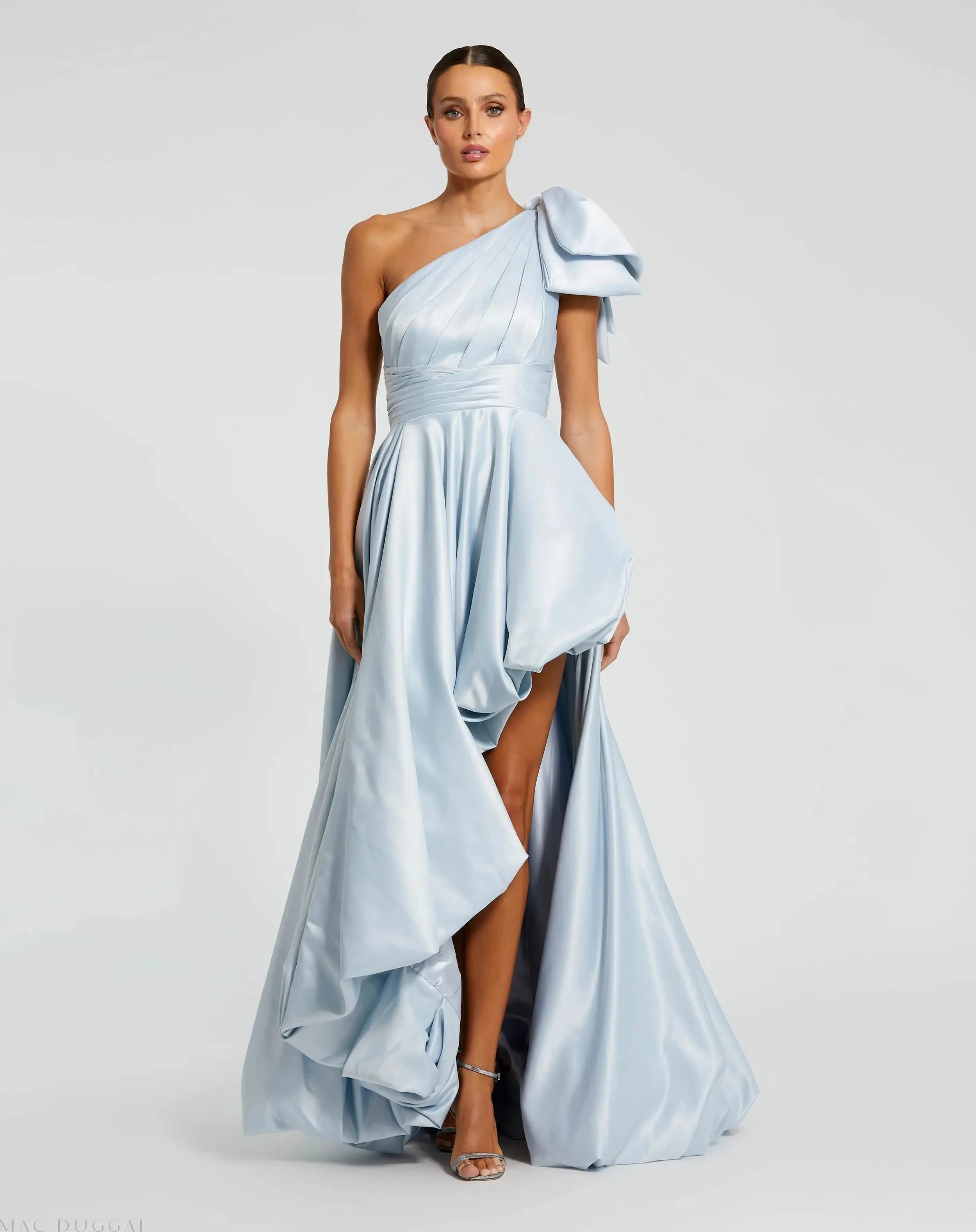 Blue Satin One Shoulder Bow Gown-Myartka