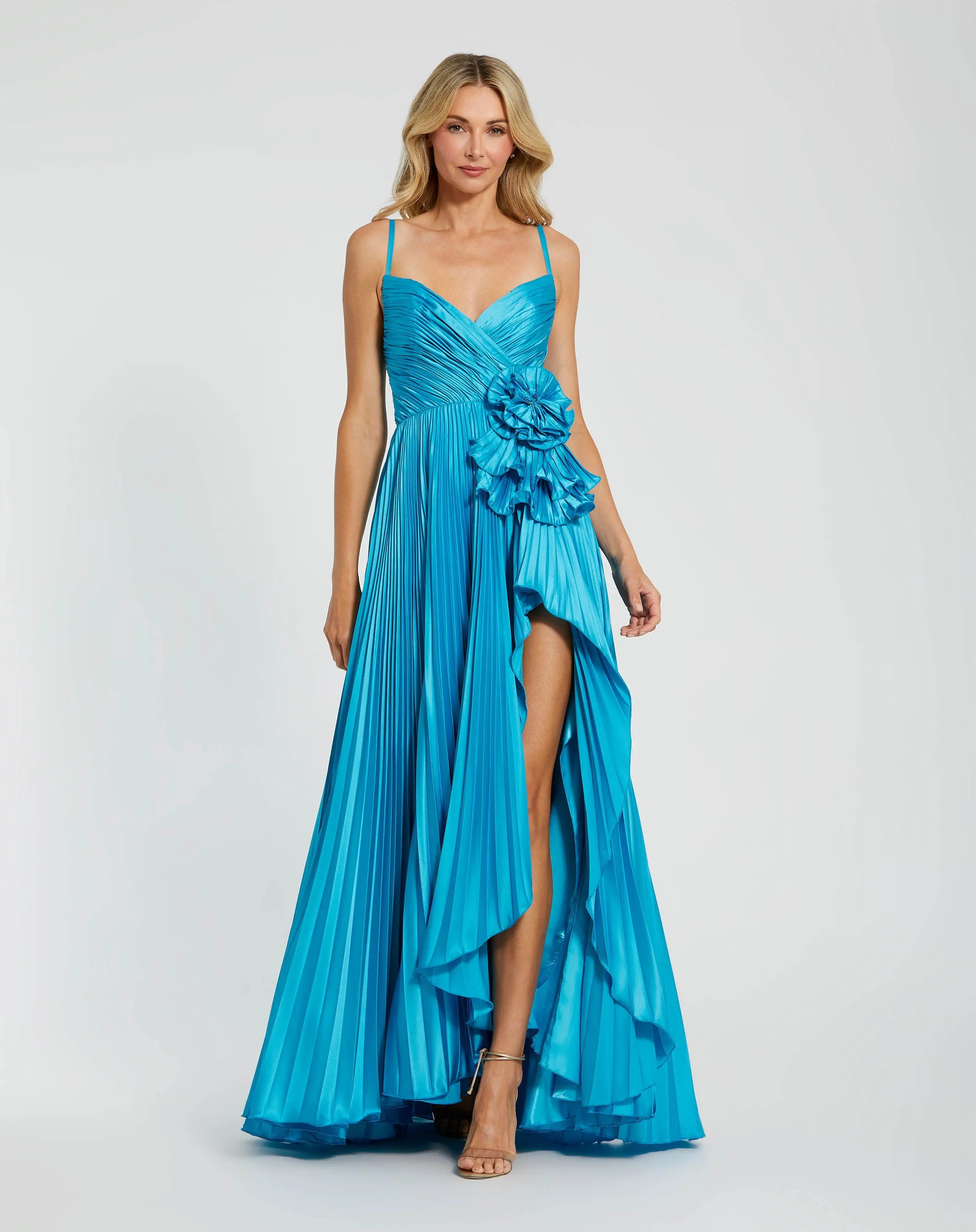 Blue Pleated High Low Gown With 3D Flower-Myartka