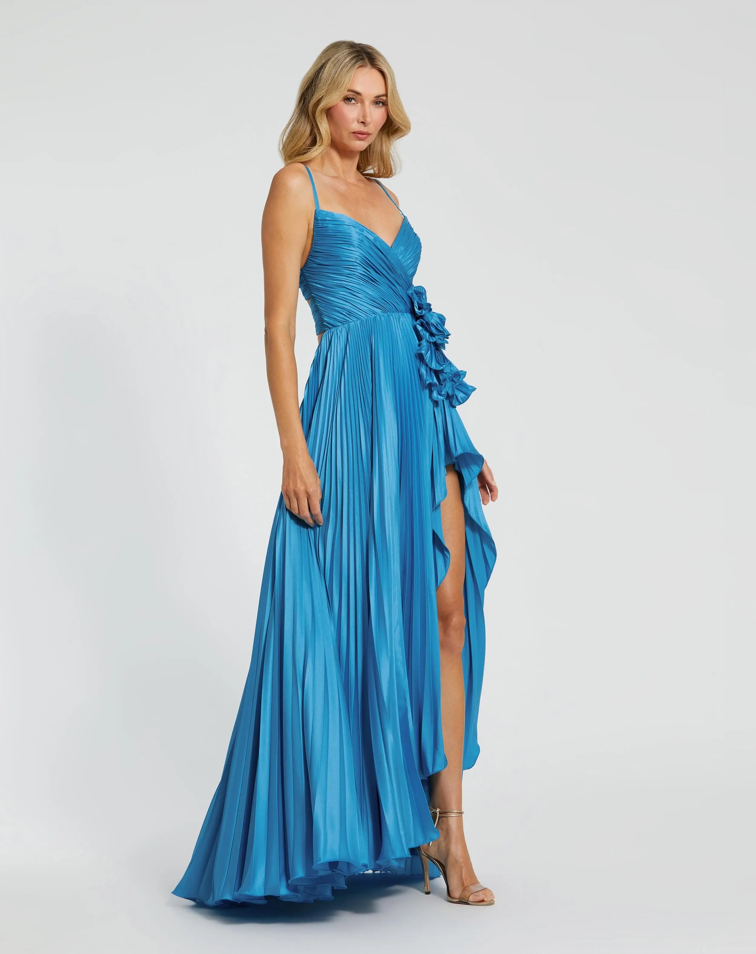 Blue Pleated High Low Gown With 3D Flower-Myartka