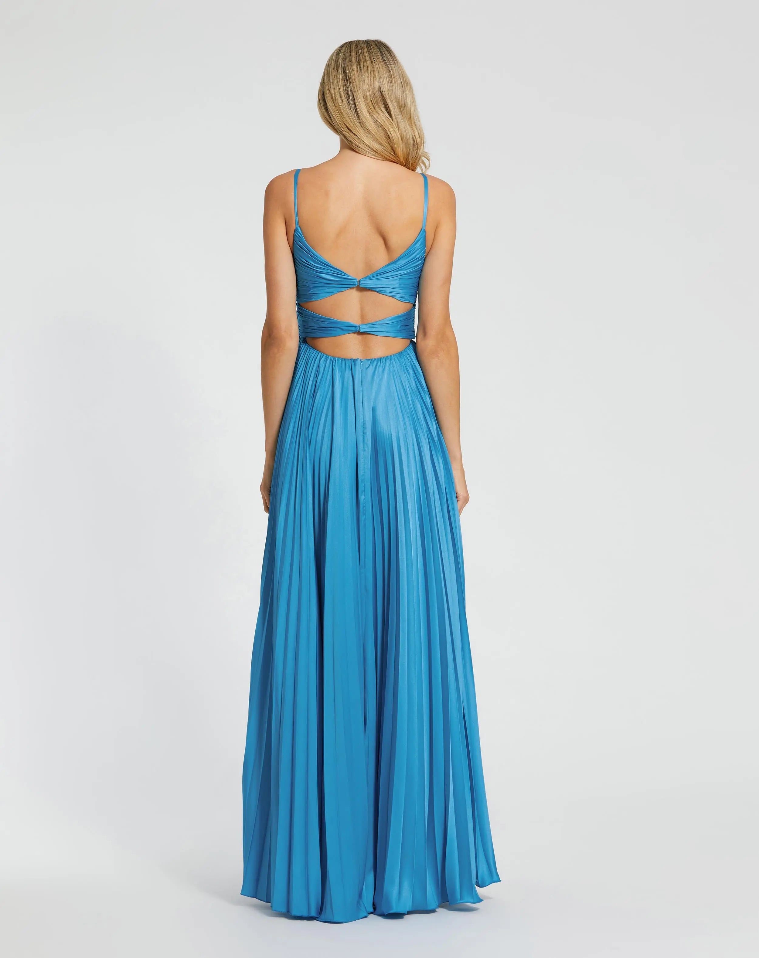 Blue Pleated High Low Gown With 3D Flower-Myartka