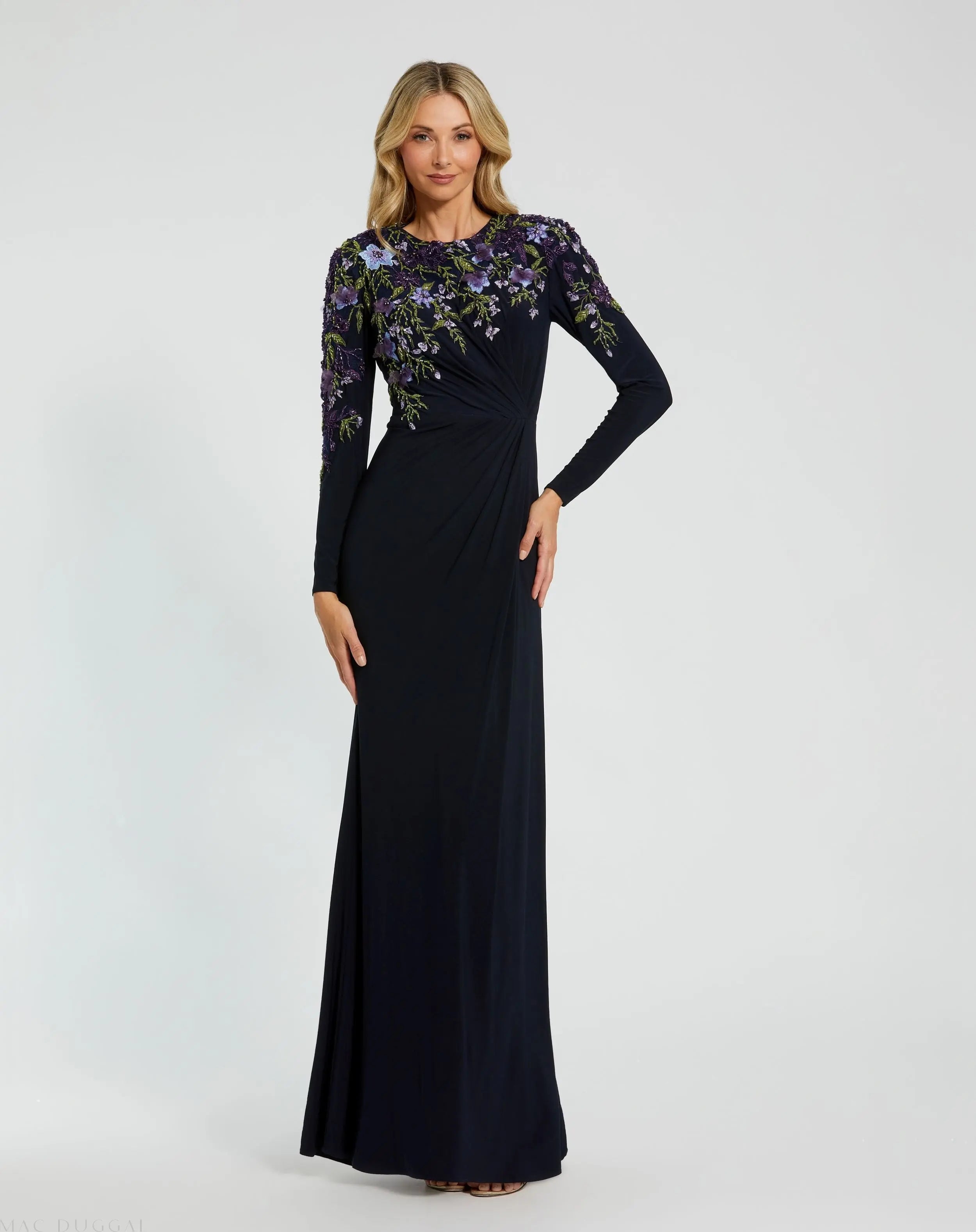 Navy Embellished Long Sleeve Fitted Jersey Gown-Myartka
