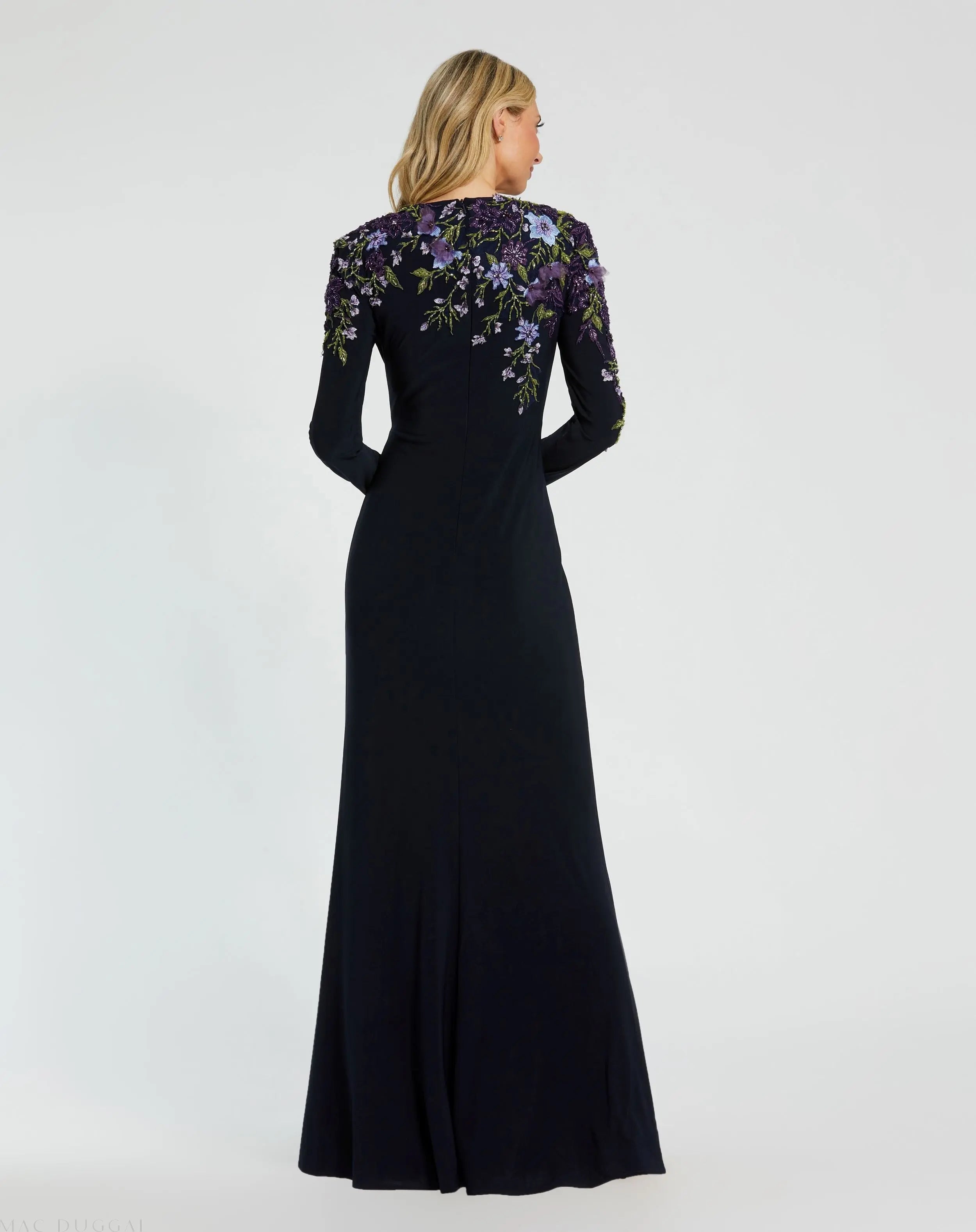 Navy Embellished Long Sleeve Fitted Jersey Gown-Myartka