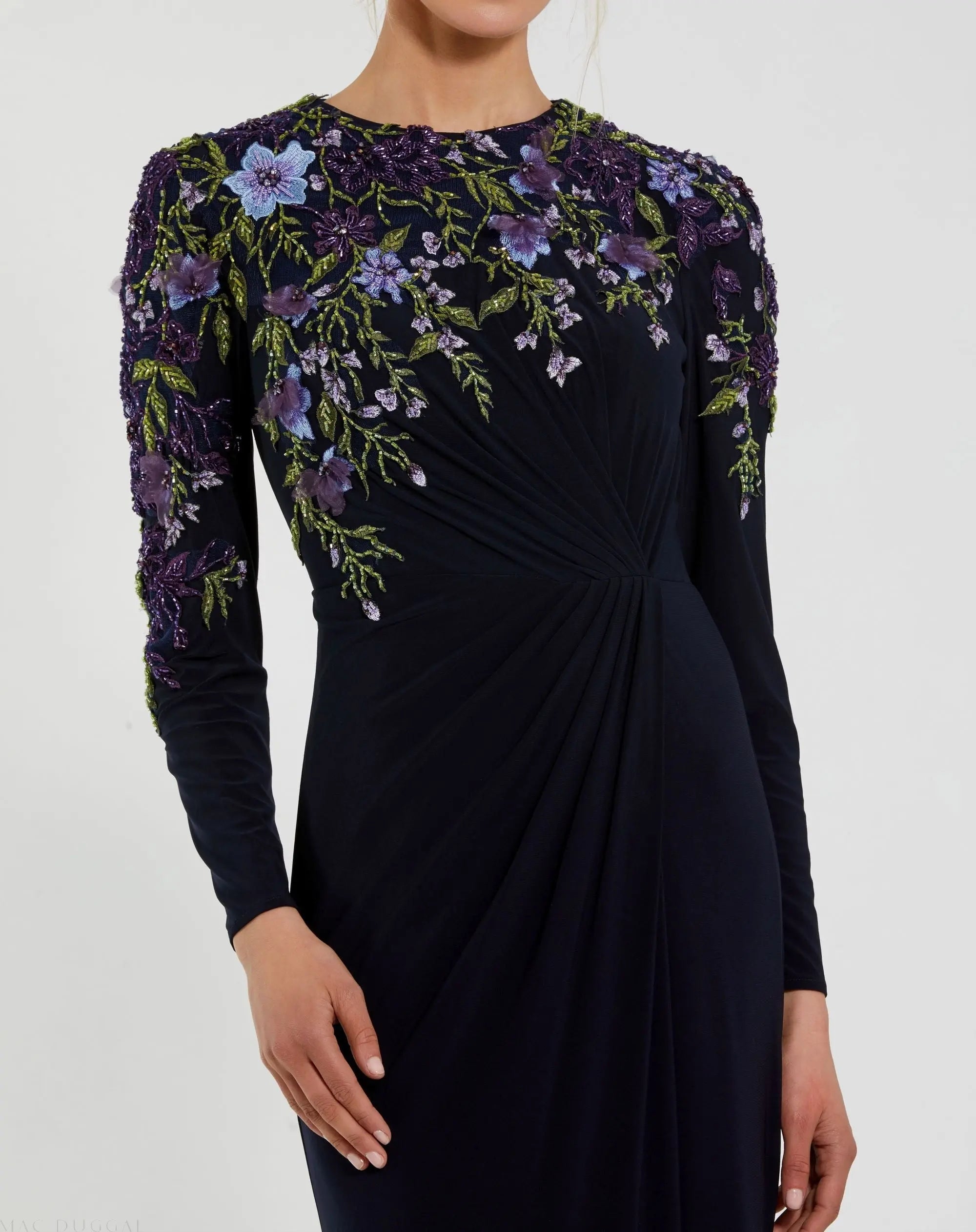 Navy Embellished Long Sleeve Fitted Jersey Gown-Myartka