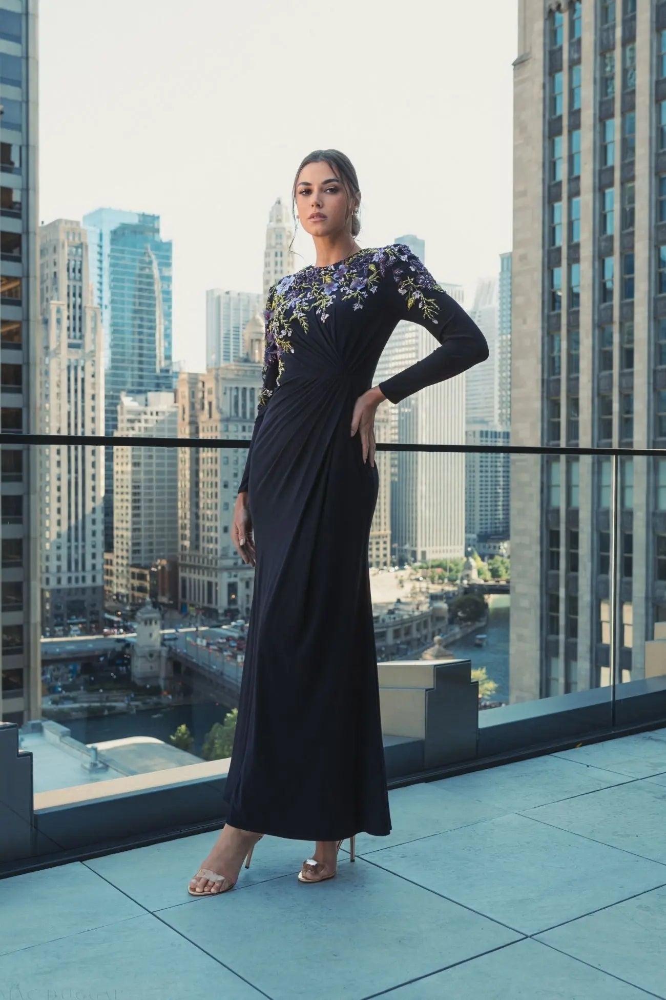 Navy Embellished Long Sleeve Fitted Jersey Gown-Myartka