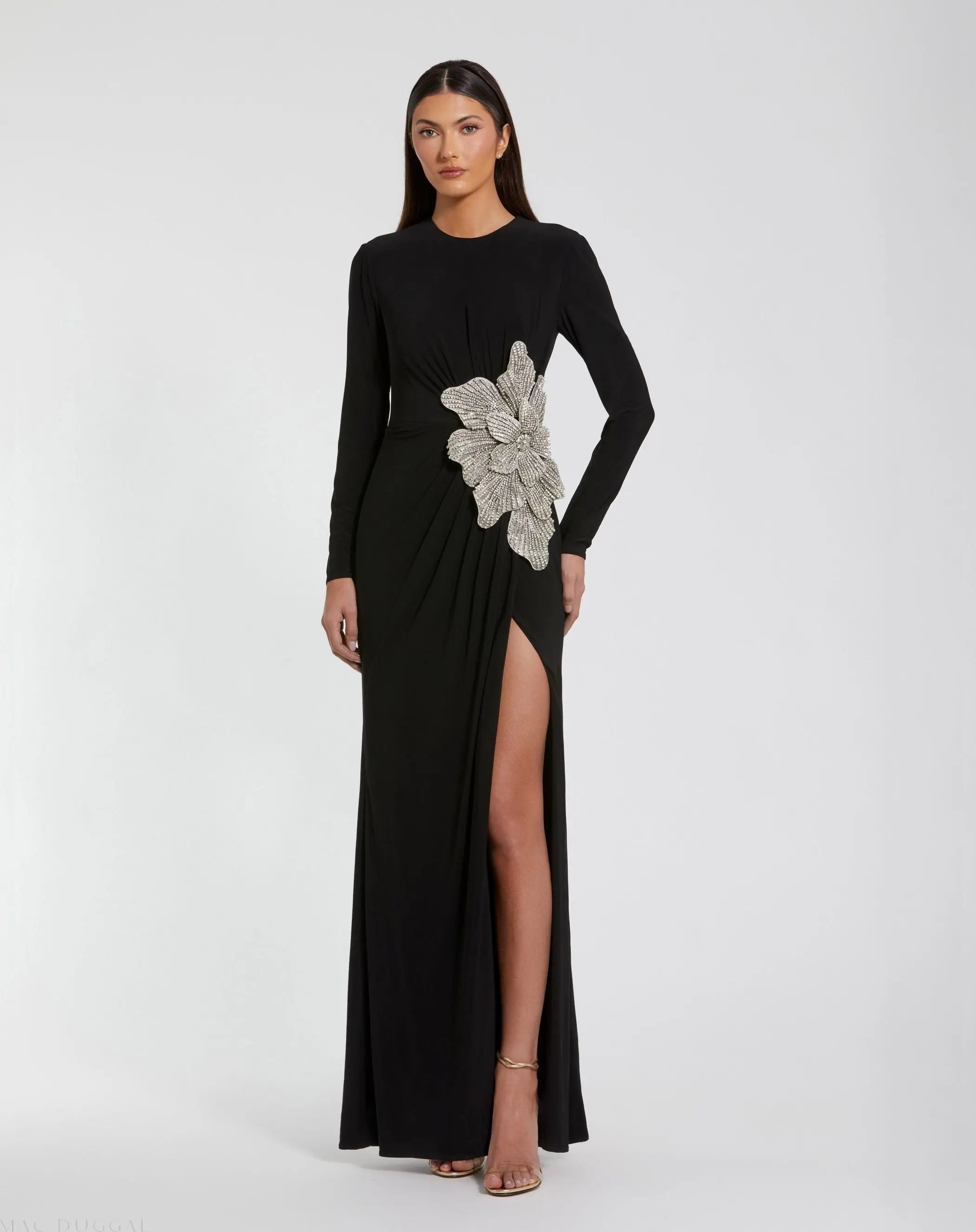 Black Jersey Gown With Embellished Flower-Myartka
