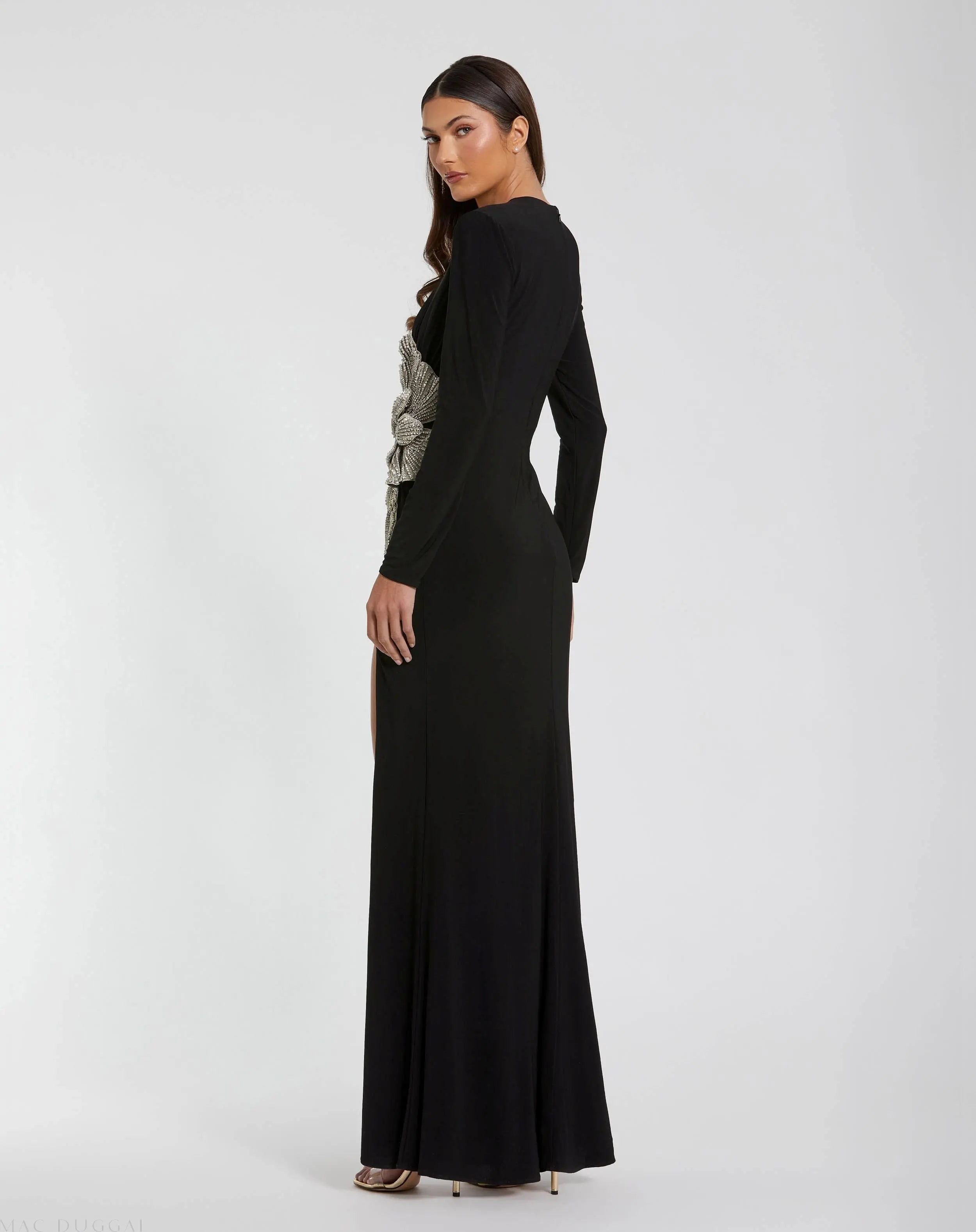 Black Jersey Gown With Embellished Flower-Myartka