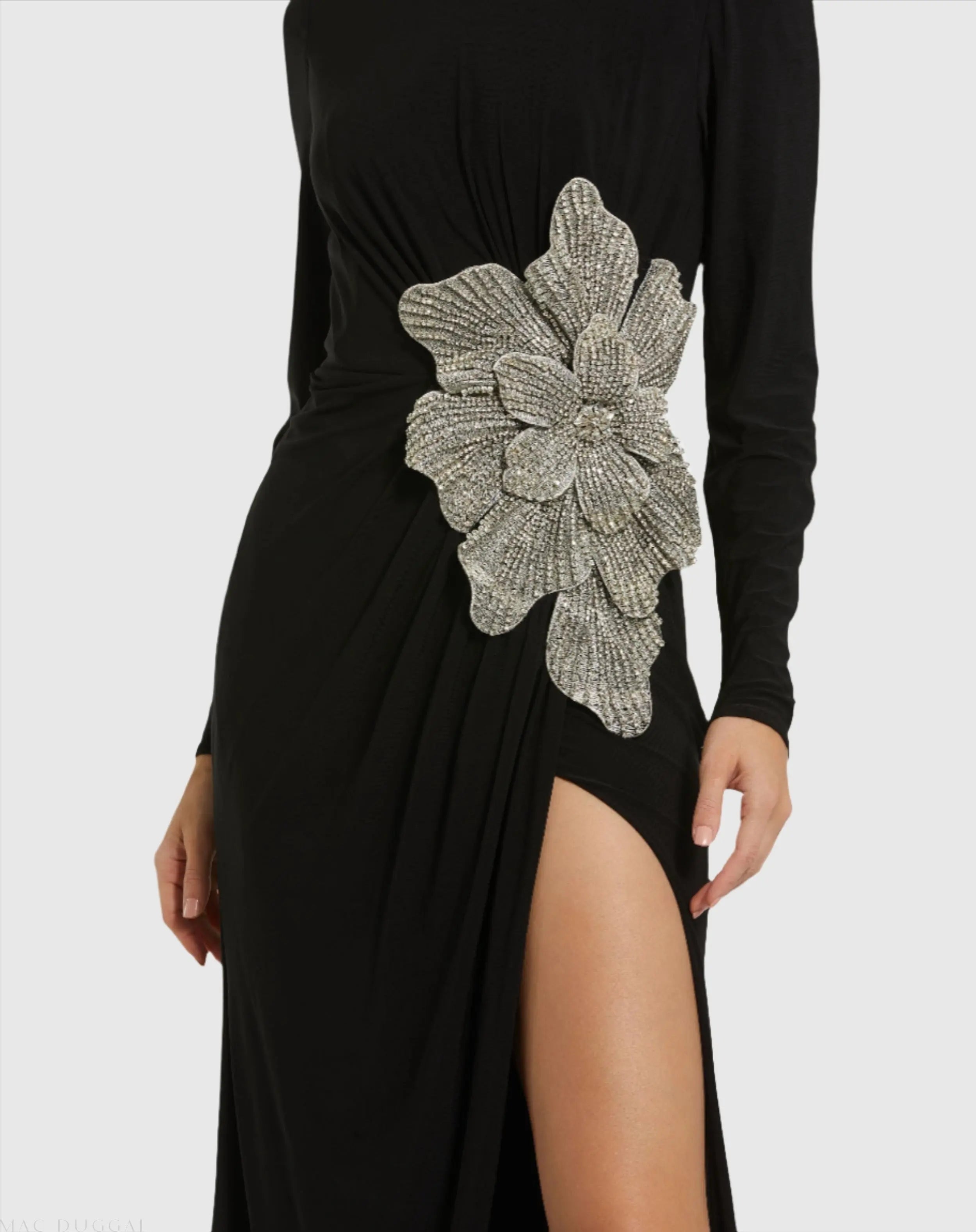 Black Jersey Gown With Embellished Flower-Myartka
