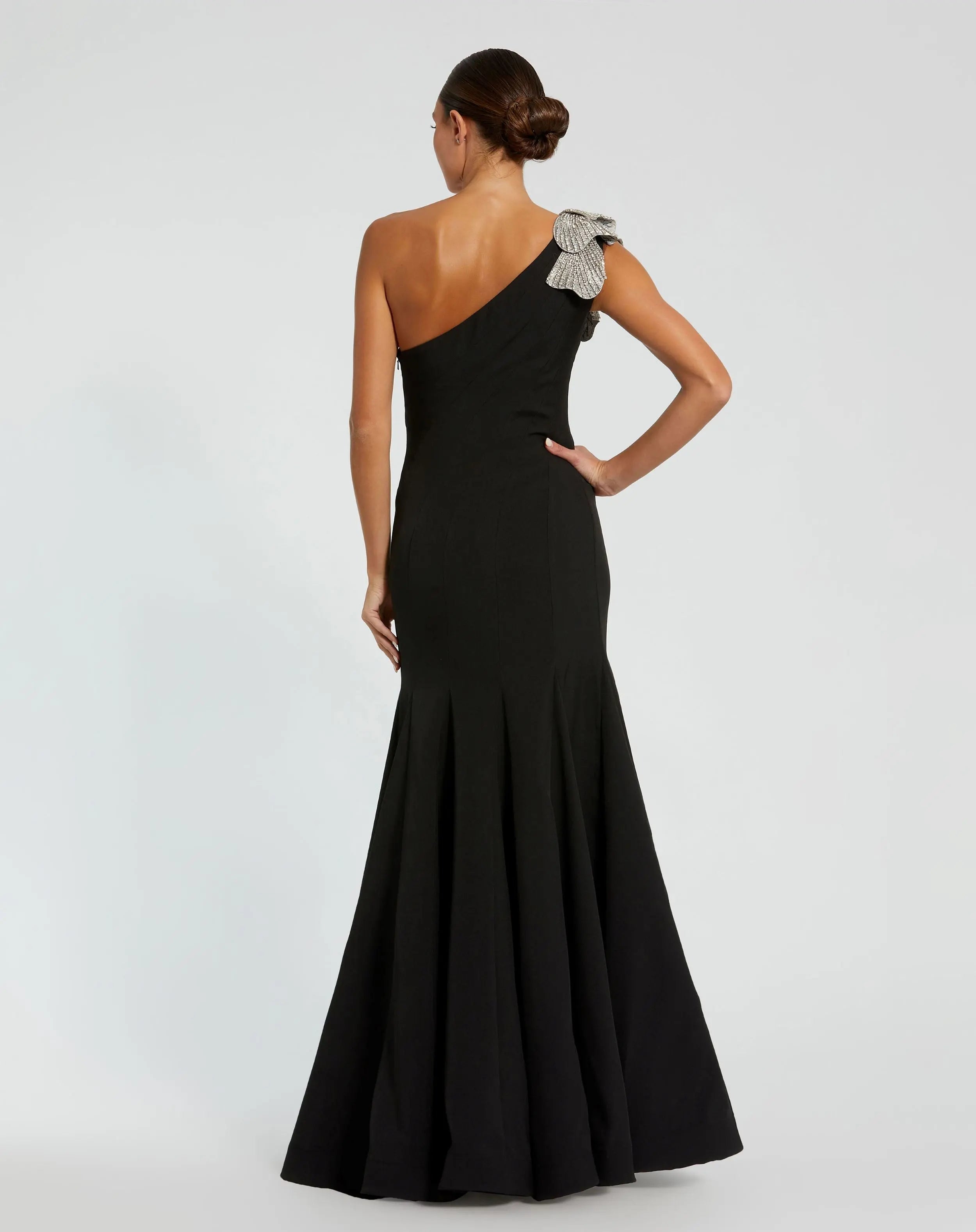 Black Crepe One Shoulder Gown With Crystal Flower-Myartka