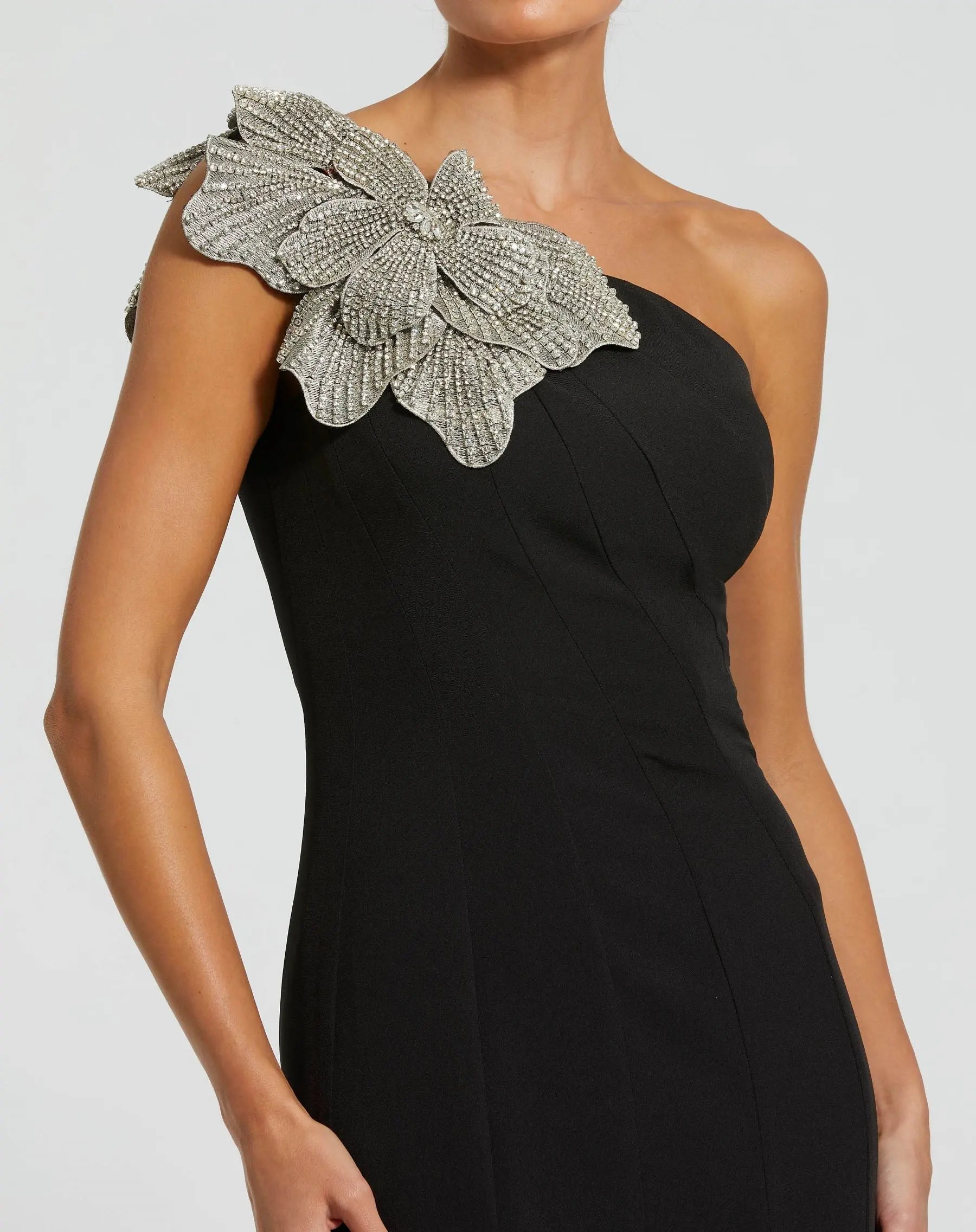 Black Crepe One Shoulder Gown With Crystal Flower-Myartka