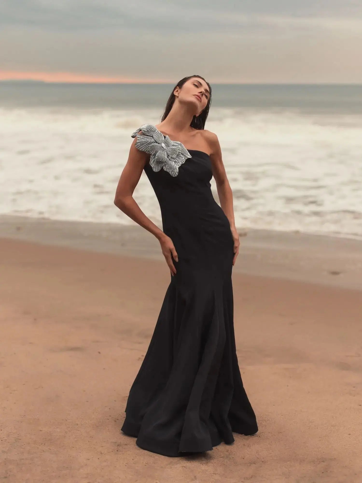 Petite Black Crepe One Shoulder Mermaid Gown With Flower-Myartka