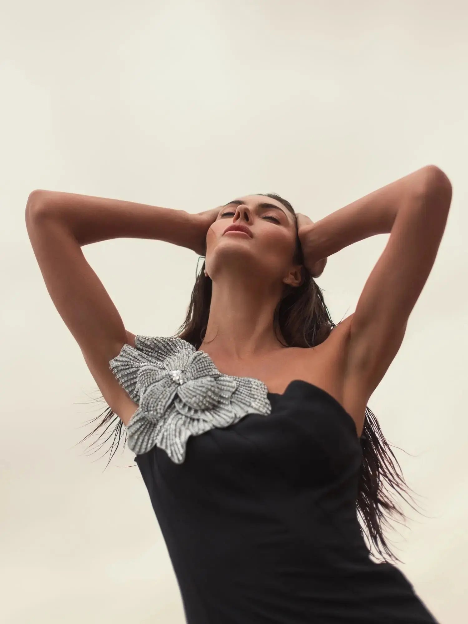 Petite Black Crepe One Shoulder Mermaid Gown With Flower-Myartka